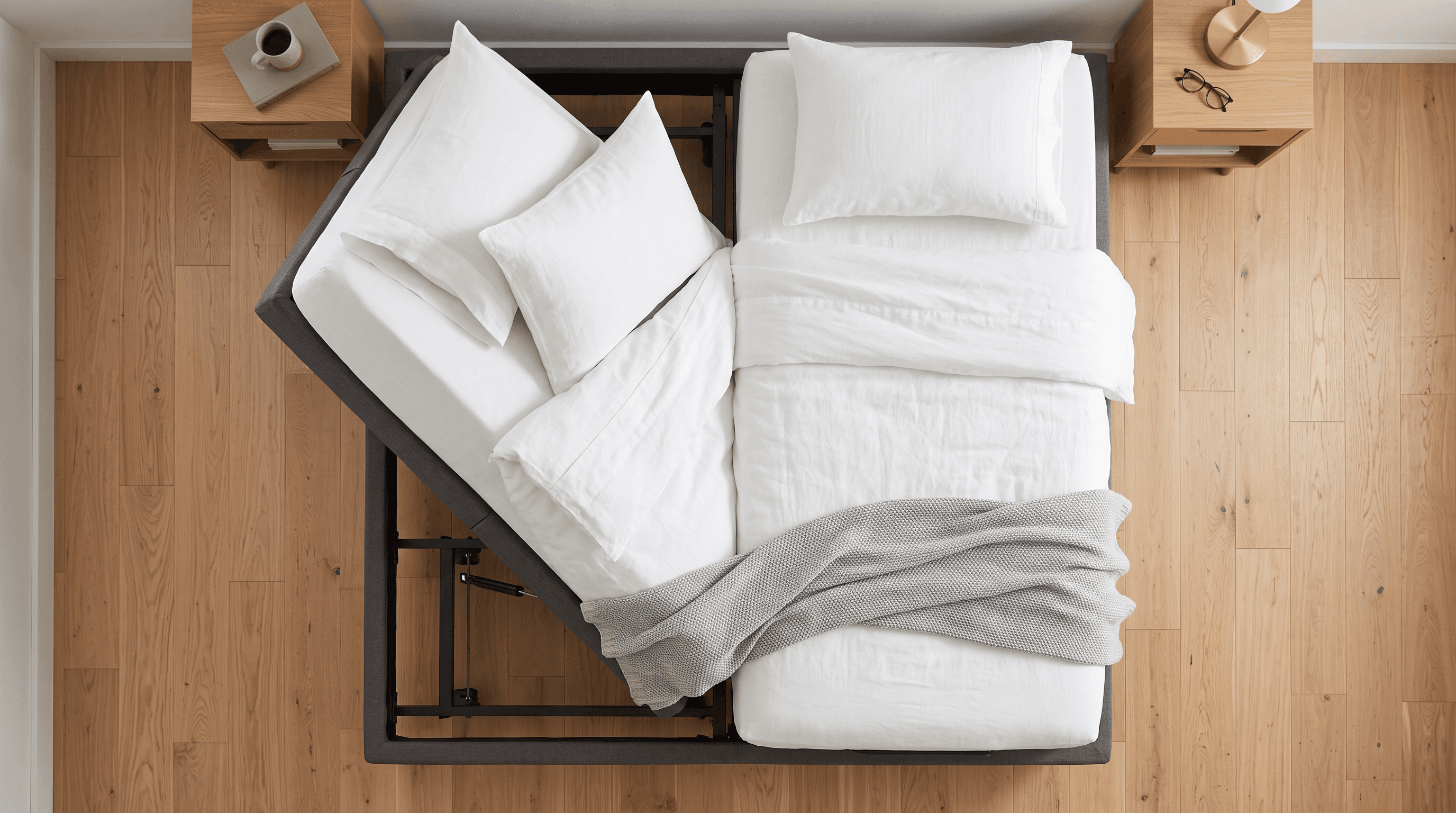 Split King adjustable base with two independently-adjustable Twin XL mattresses side by side