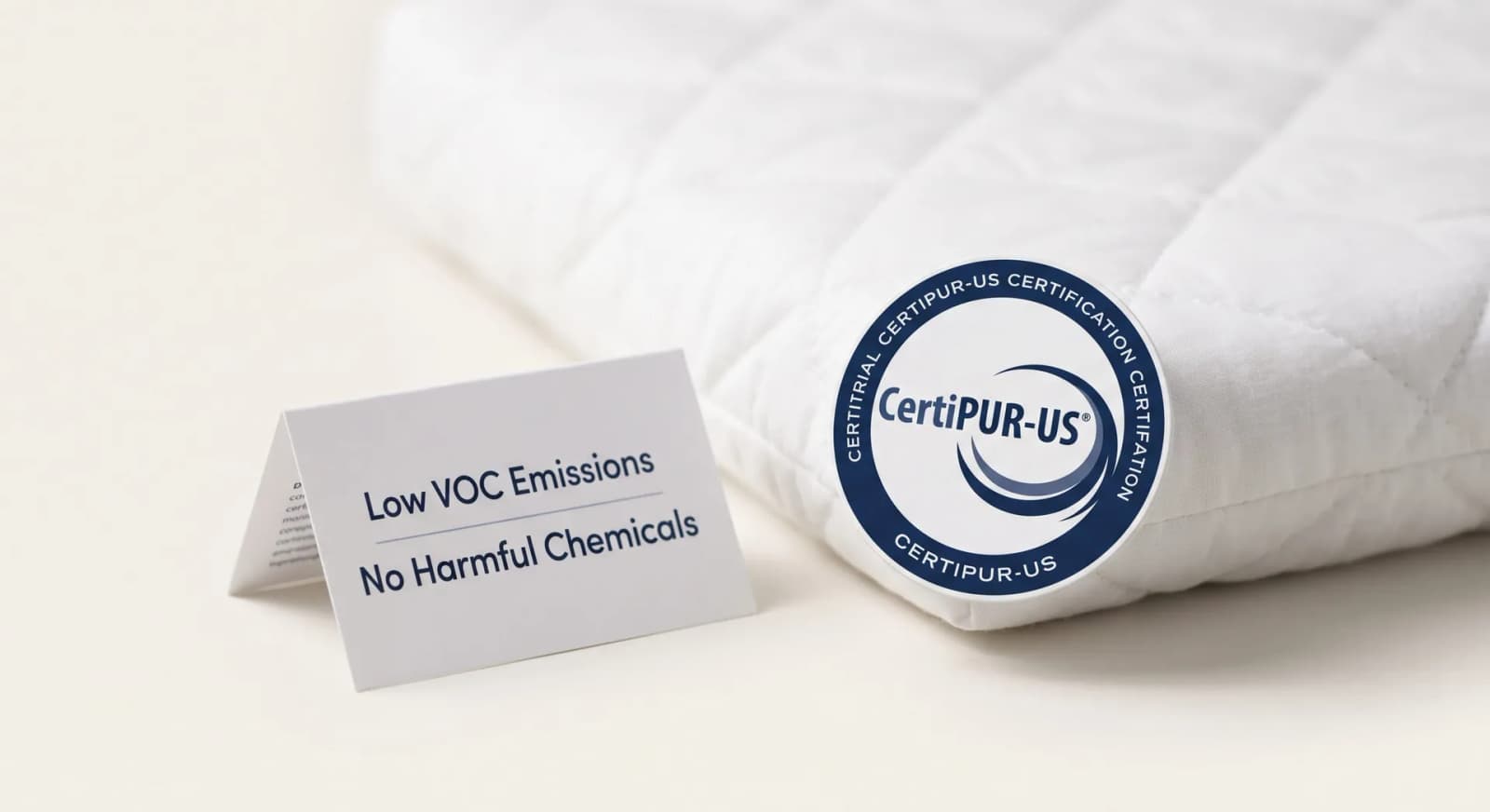 Corner of a white kids' mattress beside a CertiPUR-US certification badge on a white background