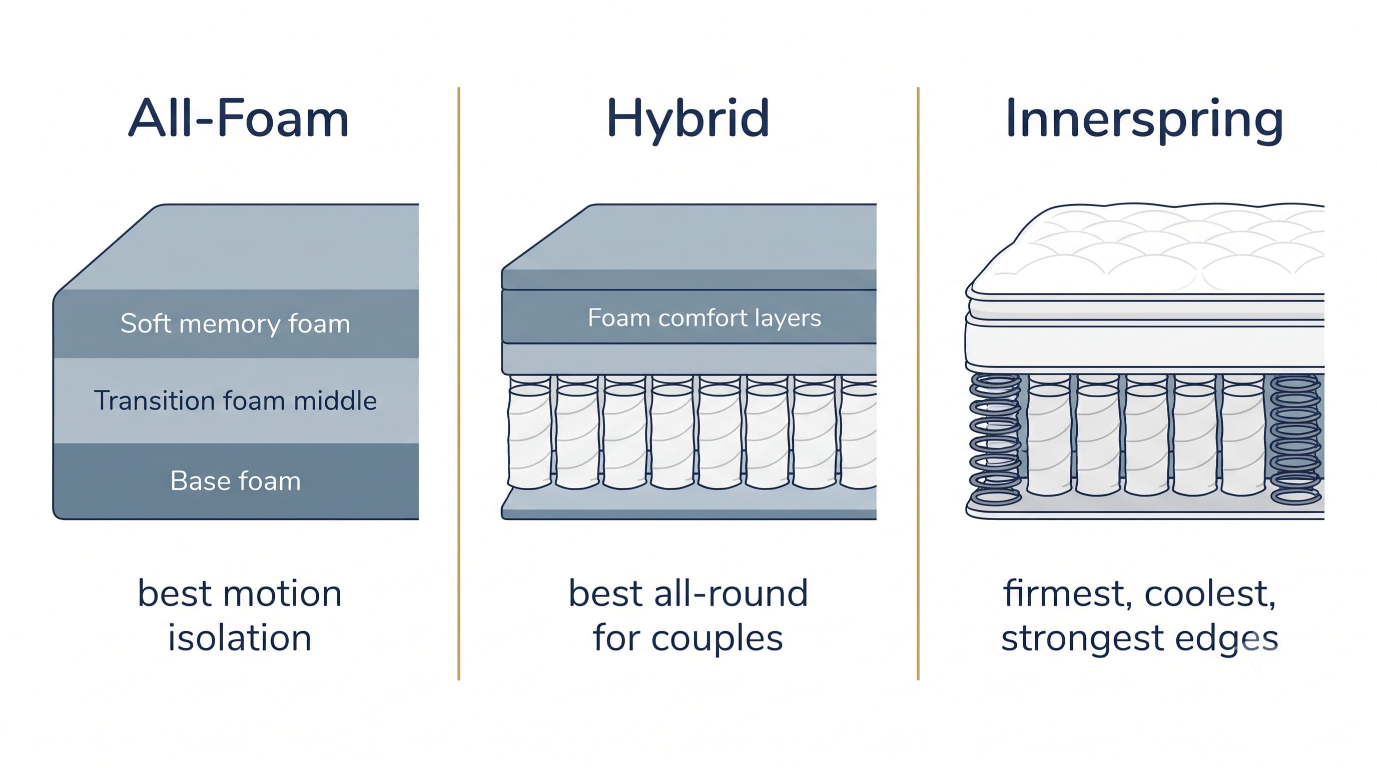 All-foam, hybrid and innerspring king mattress construction compared — illustrative cross-section diagram