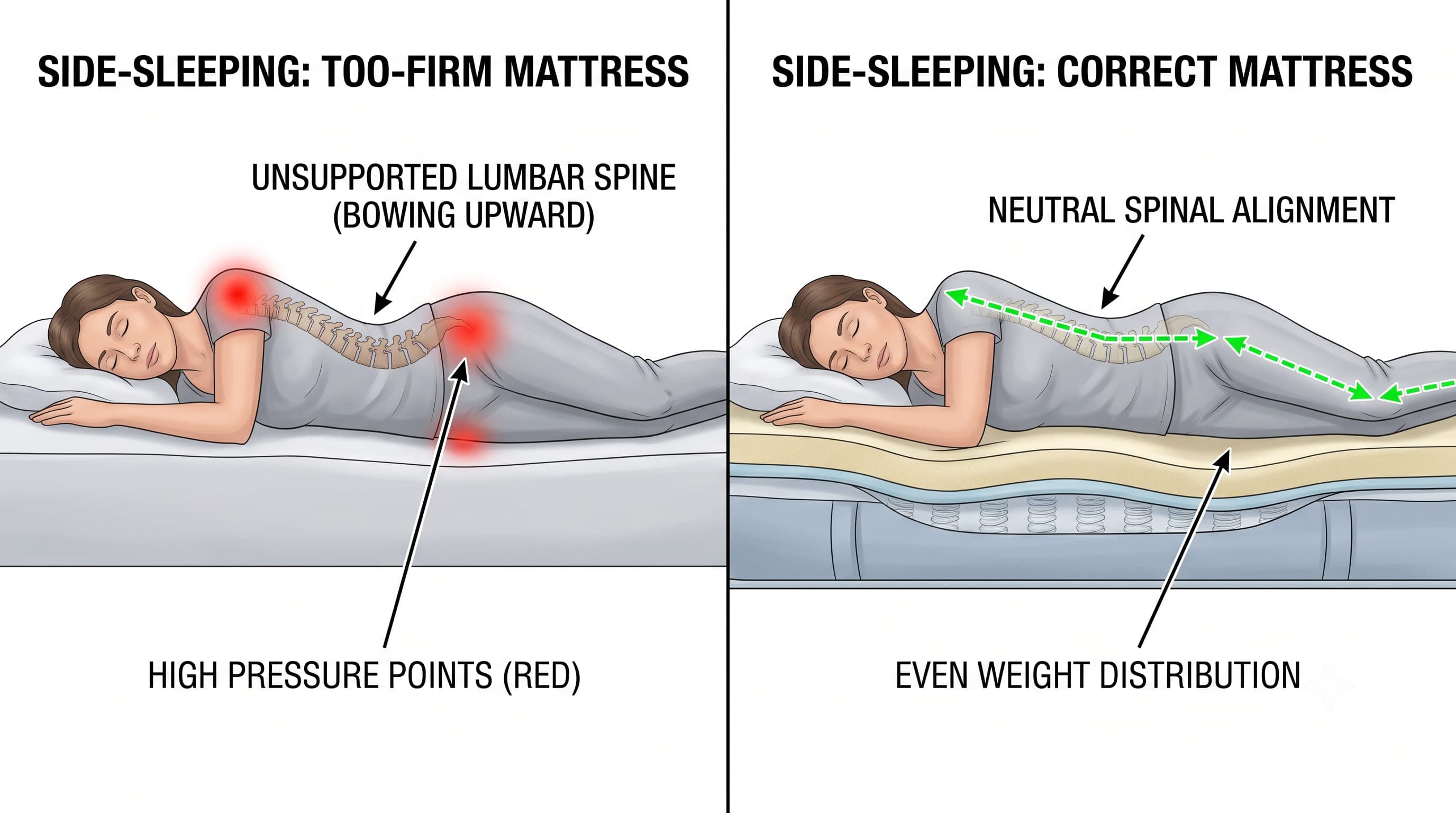 Side-by-side diagram comparing a bowed spine on a too-firm mattress against a level spine on a correctly matched mattress