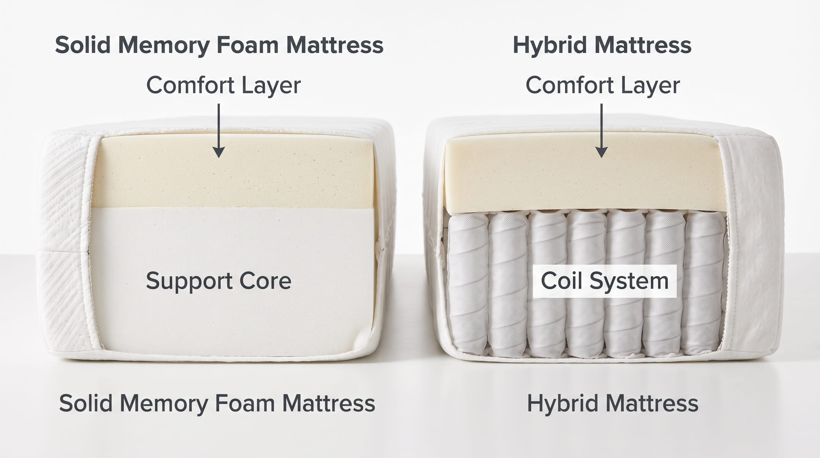 Memory foam mattress construction compared to hybrid coil construction — illustrative diagram