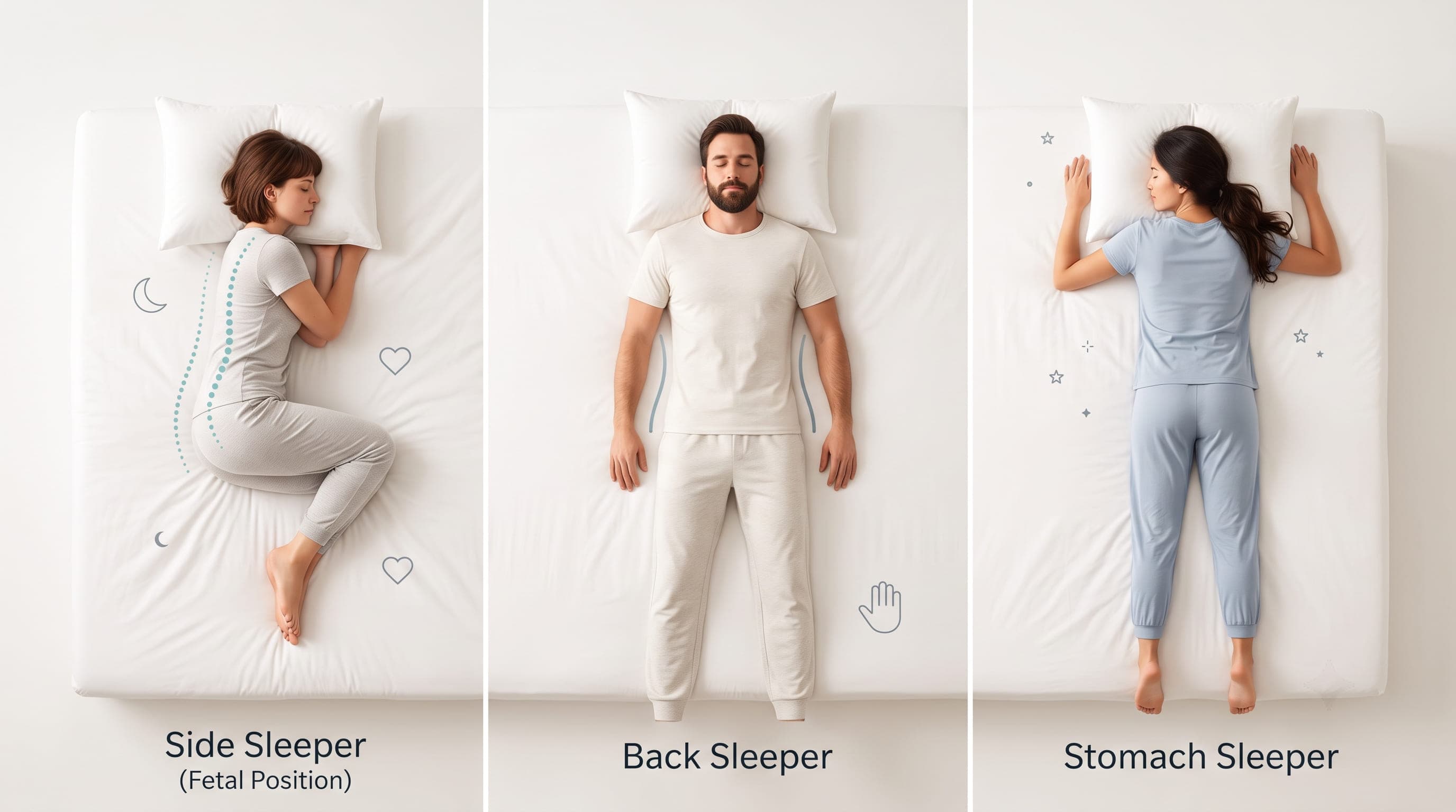 Correct spinal alignment compared across side, back, and stomach sleeping positions — illustrative diagram