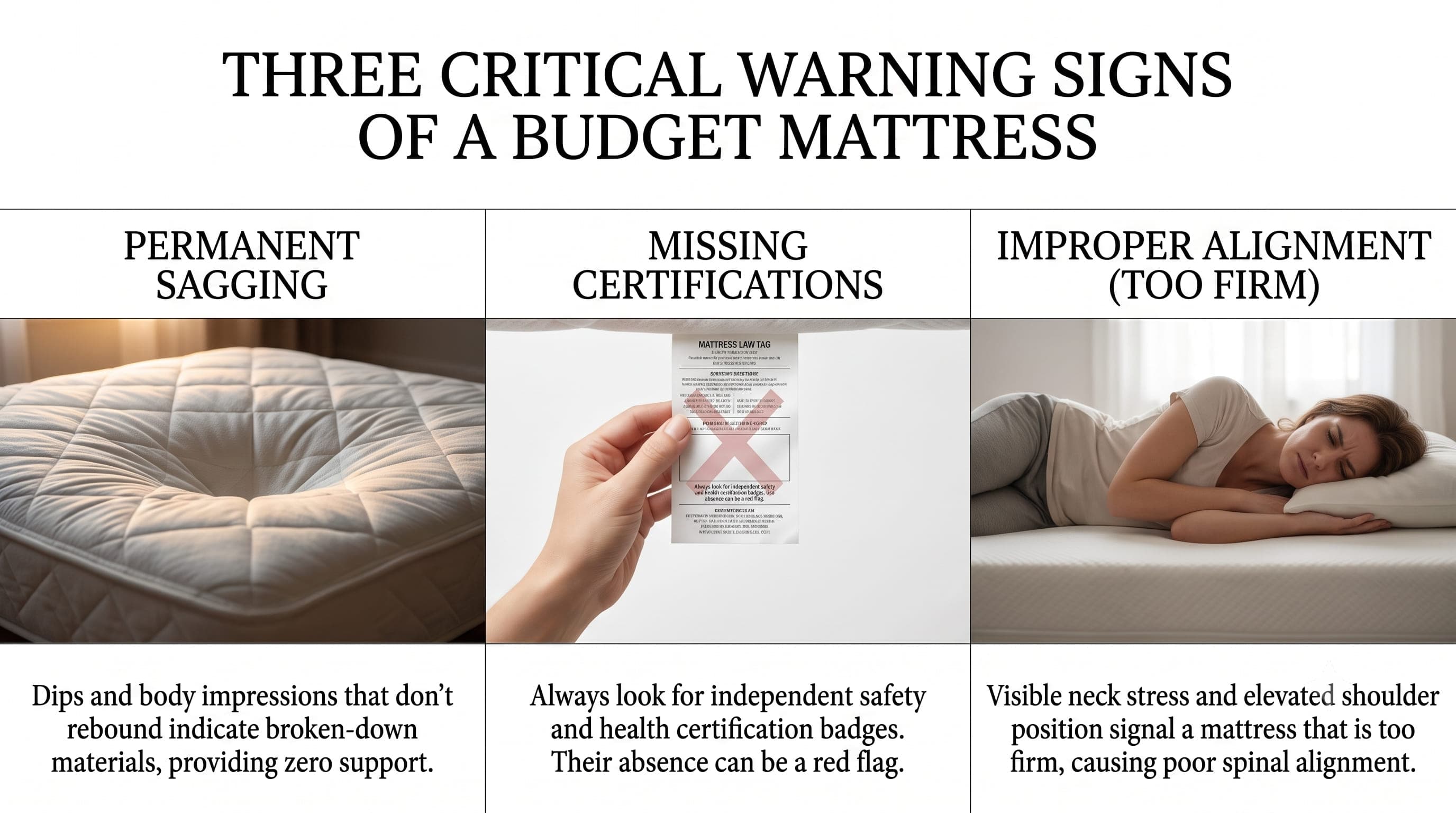 Sagging budget mattress with visible body impressions and edge collapse illustrating warning signs