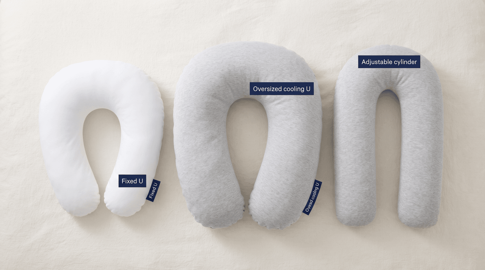 Overhead view of a fixed U pillow, an oversized cooling U pillow and a slim adjustable cylinder pillow