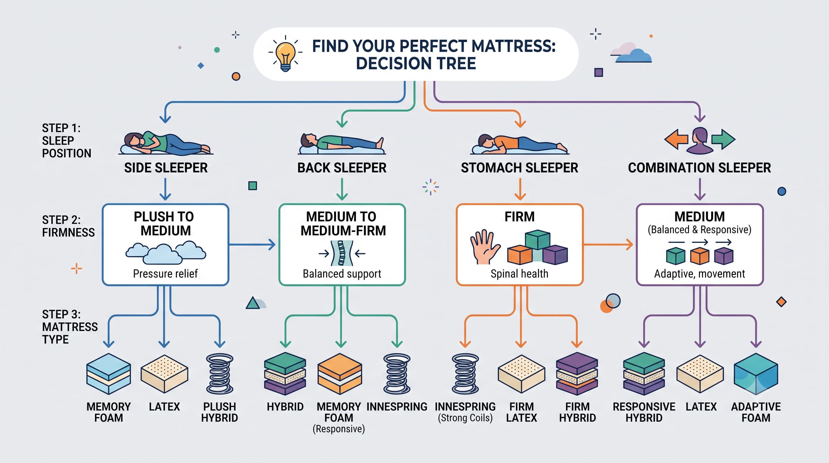 Decision tree matching sleep position to firmness and mattress type — illustrative diagram