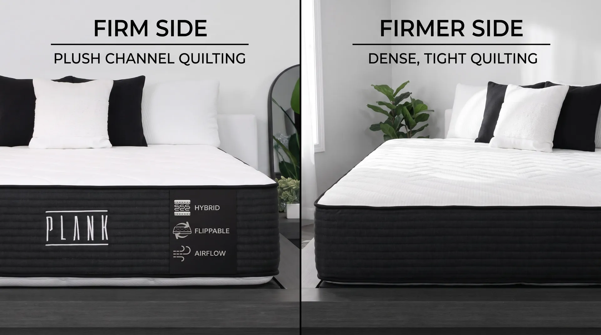 Two views of the Plank mattress: the Firm side with plusher quilting and the Firmer side with tighter quilting