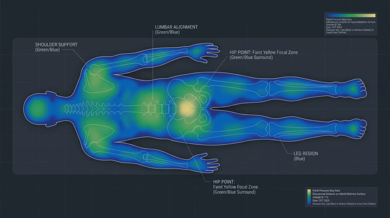 Overhead pressure map of a body on the Plank Firm Luxe, mostly green and blue with a faint yellow hip zone