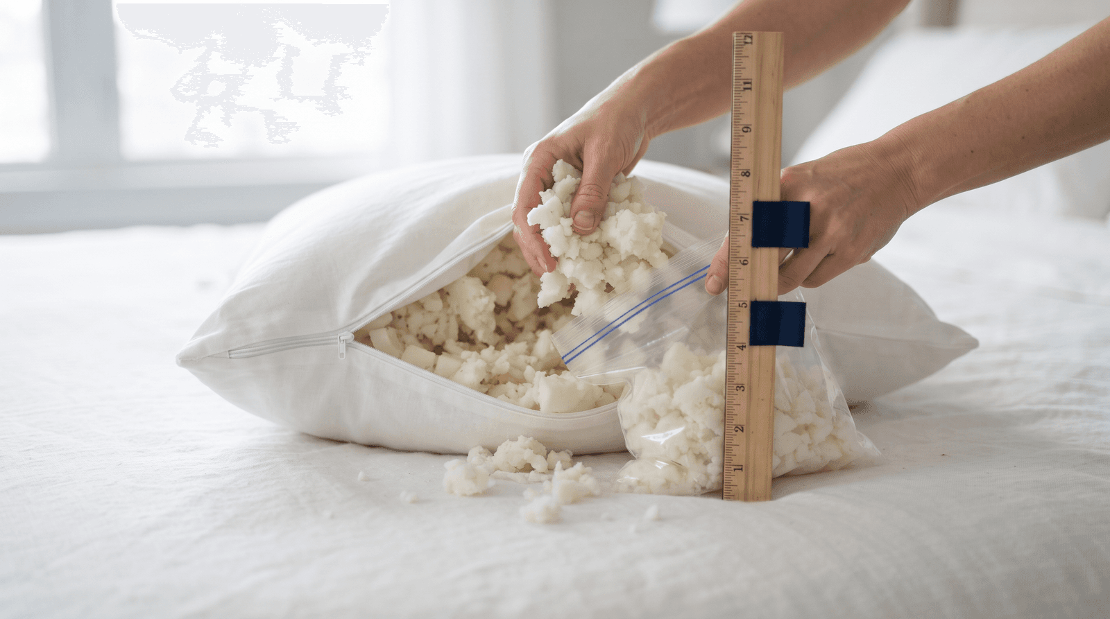 Hands removing shredded foam from an unzipped pillow beside a ruler showing loft settings from 3.5 to 5.5 inches