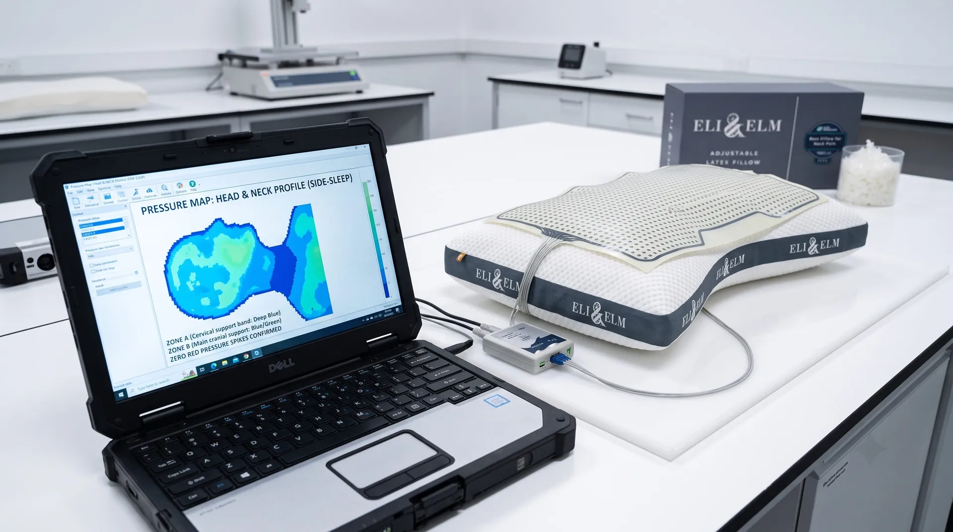 Laptop showing a pressure map beside the Eli & Elm pillow in a lab