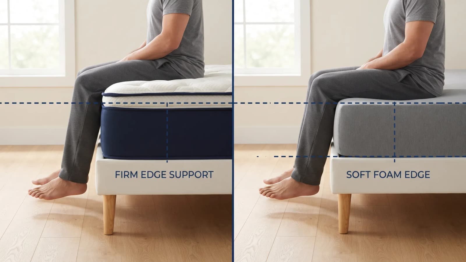 A person sitting on the edge of the Helix Midnight Luxe and the Purple Original, showing less edge sink on the Helix