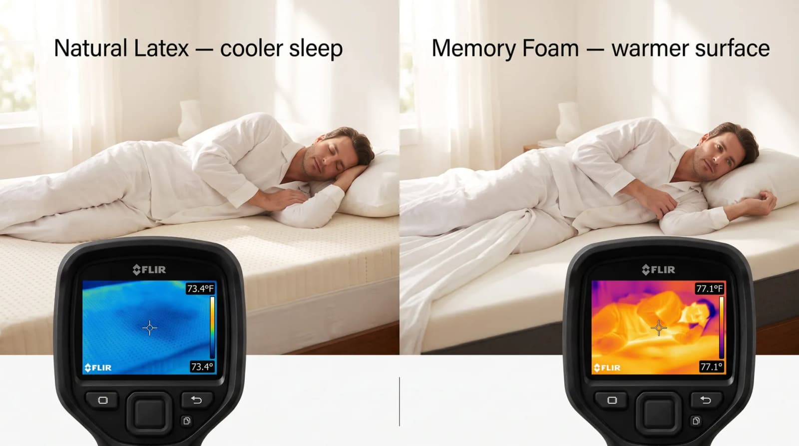 Split photo of a man sleeping on latex and on memory foam, with thermal camera views of each surface