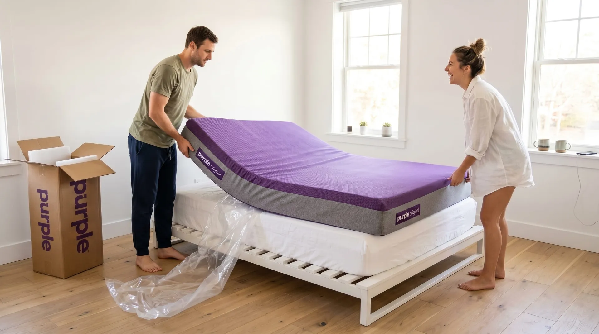 Couple unboxing and fitting the Purple Original onto a bed frame with the Purple box beside them