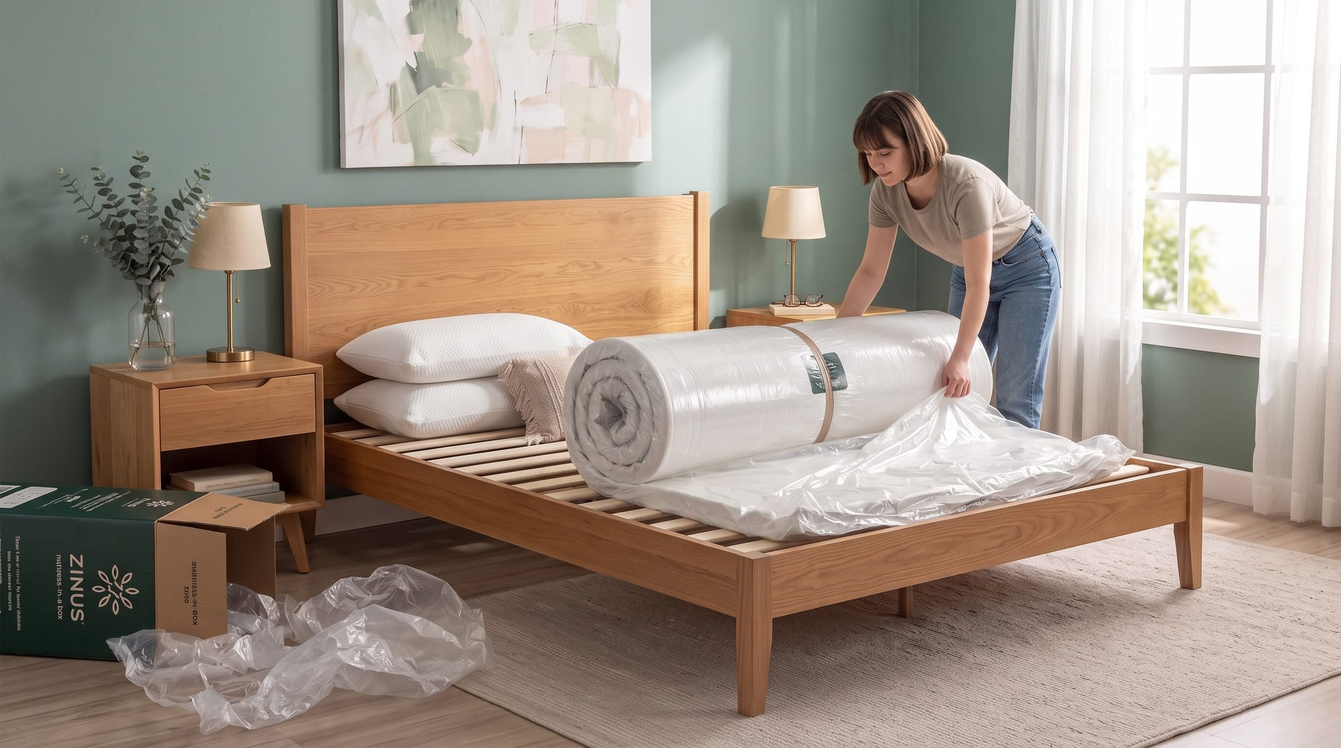 Setting up the Zinus Green Tea Cooling 10″: unboxing, expansion and the made bed.
