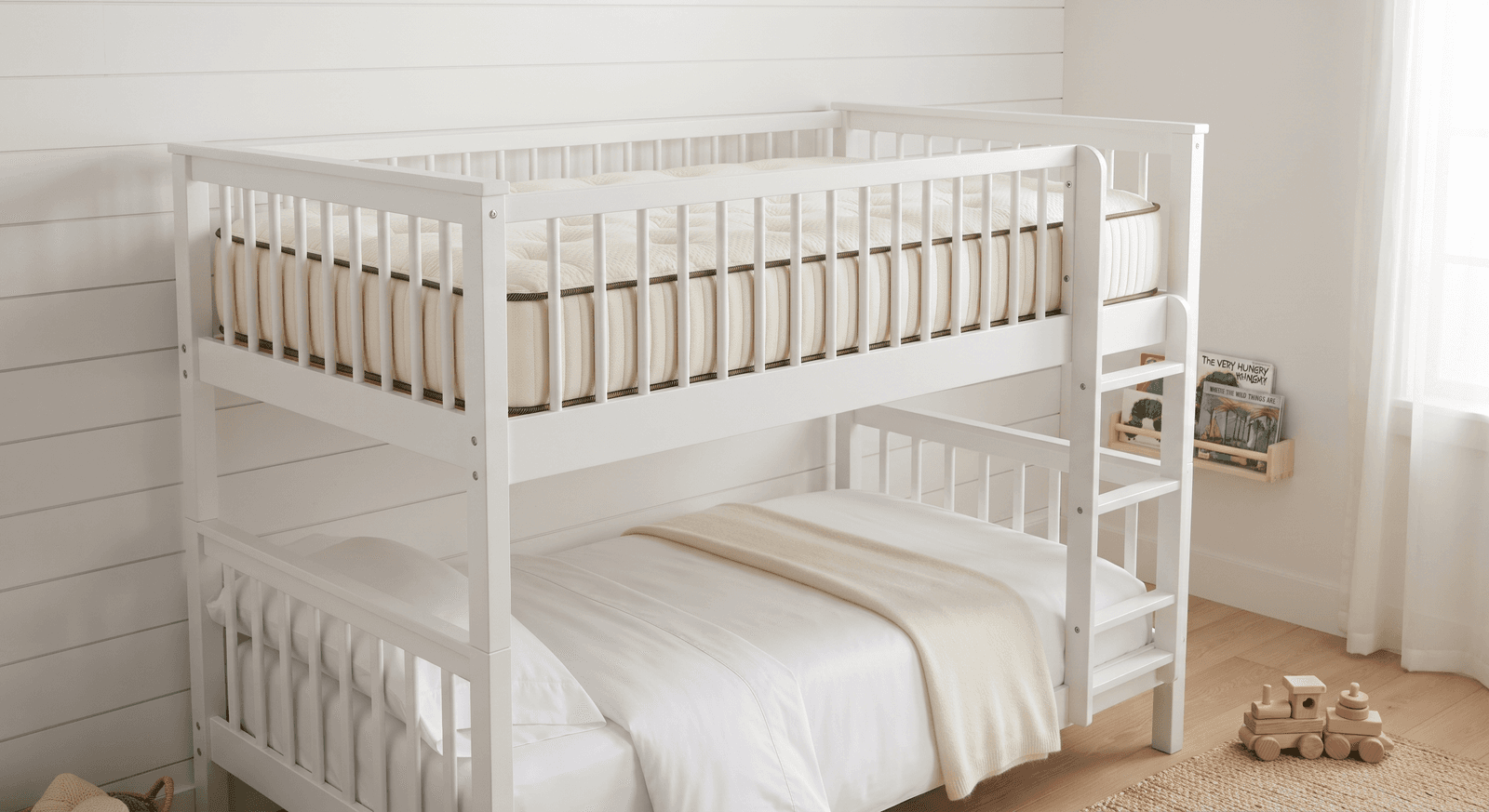 Wooden bunk bed in a bright kids' room with a white organic mattress on the top bunk below the guardrail