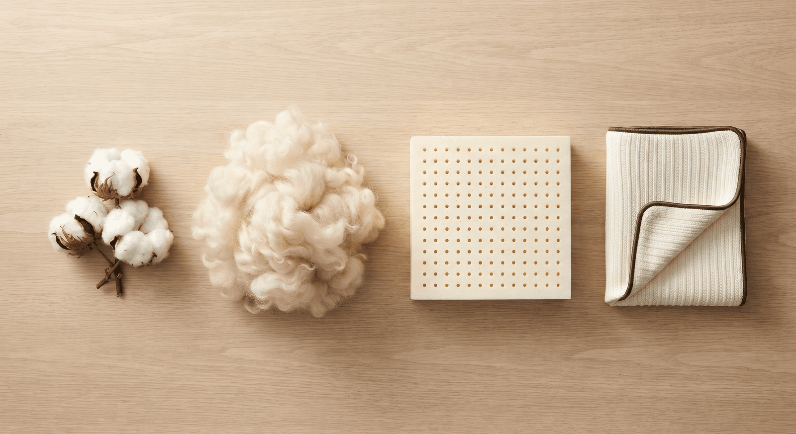 Natural organic cotton, a tuft of cream wool and a piece of pale latex arranged on a wooden table