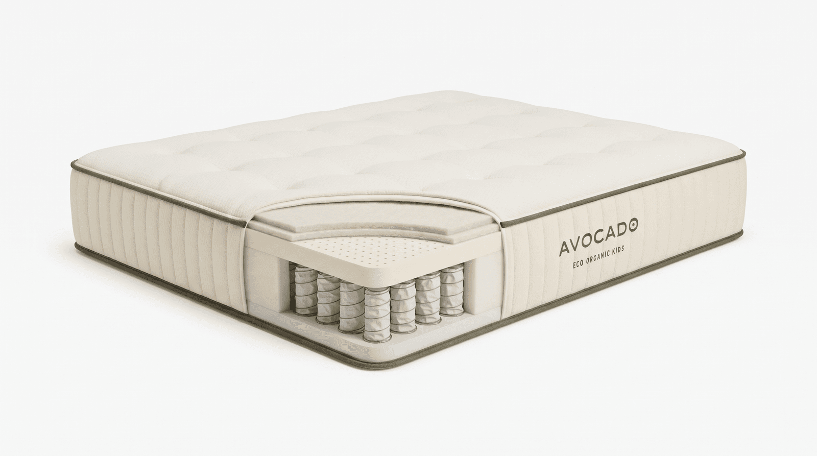 Cutaway of the Avocado Eco Organic Kids Mattress showing the quilted cotton cover, wool, latex and wrapped coils