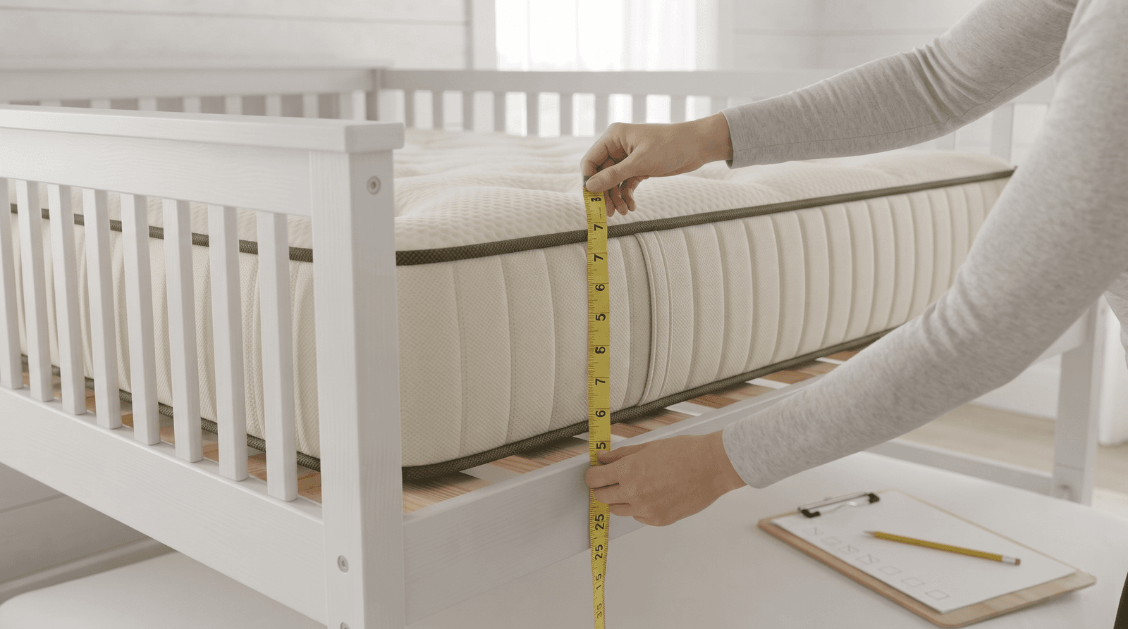 Tester measuring the height of the ivory Avocado kids mattress on a white bed frame with a tape measure
