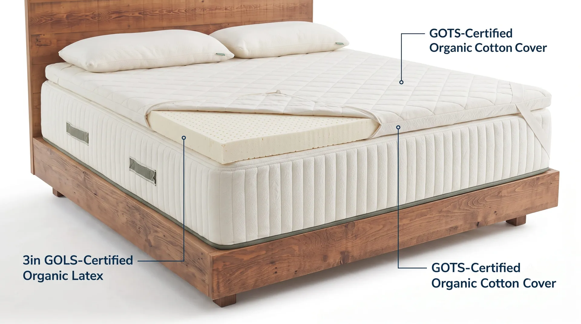 Cut-away of the Avocado Eco topper showing a quilted organic cotton cover over a 3-inch organic latex layer