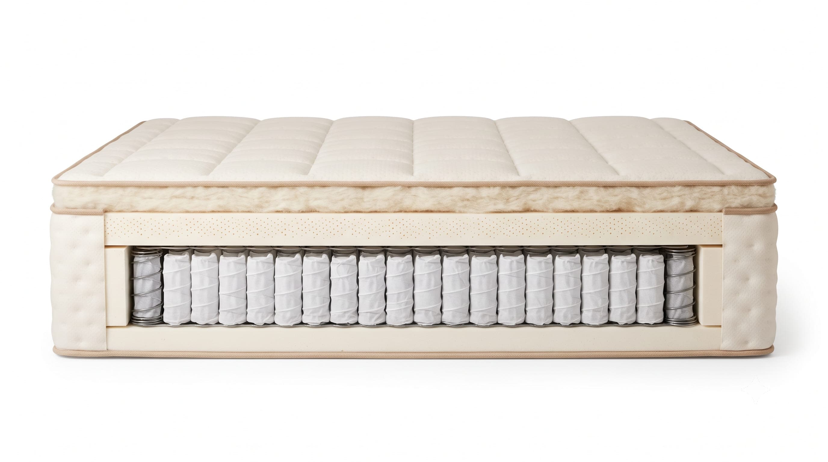 Cross-section of the AWARA Classic Hybrid showing wool cover, latex and pocketed coils