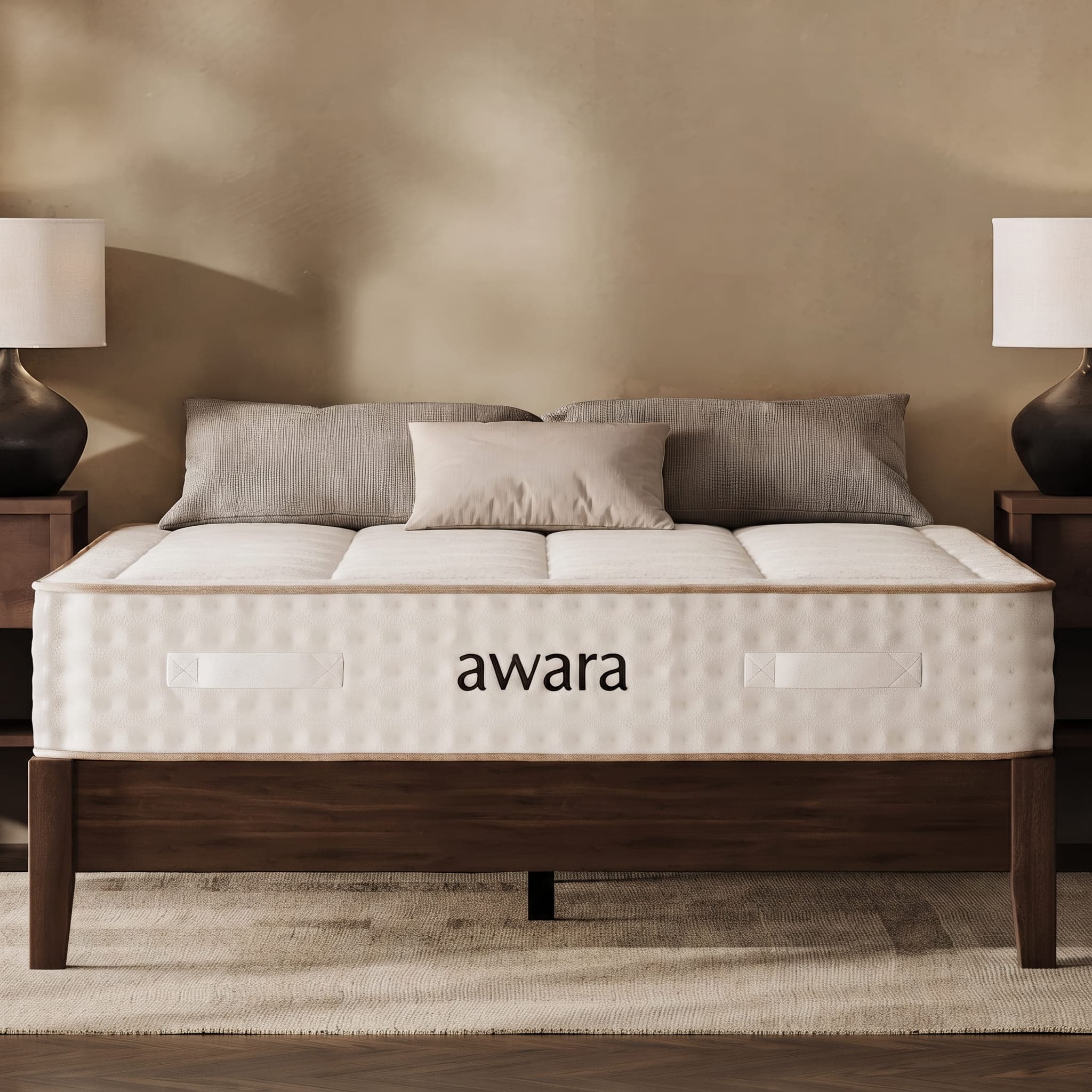 AWARA Classic 10-inch Hybrid Queen mattress on a walnut bed frame