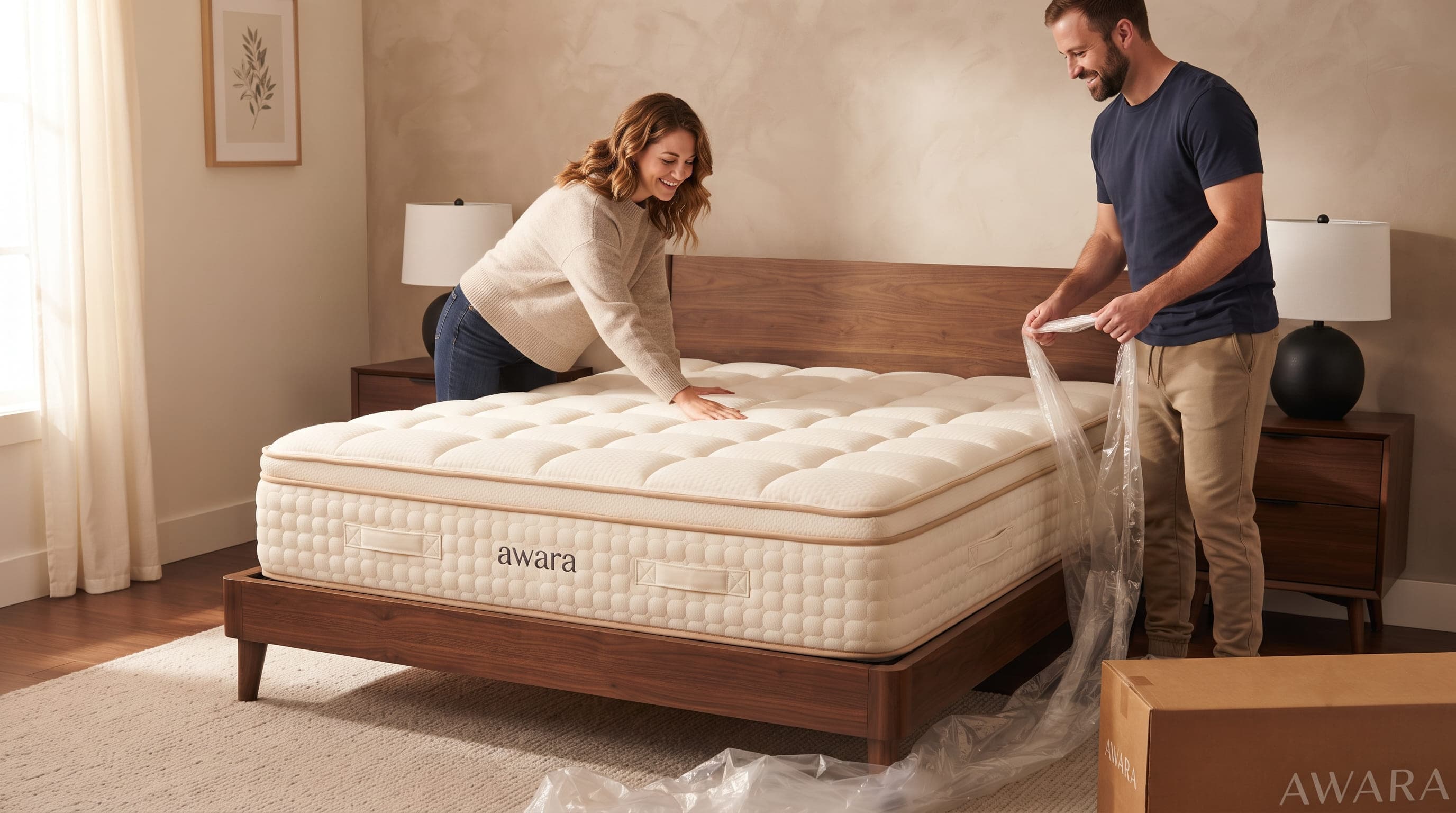 Couple unboxing the AWARA Classic Hybrid mattress