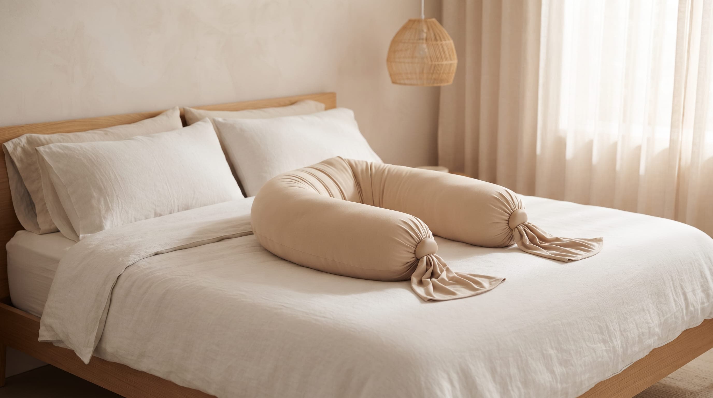 bbhugme adjustable pregnancy pillow curved on a bed