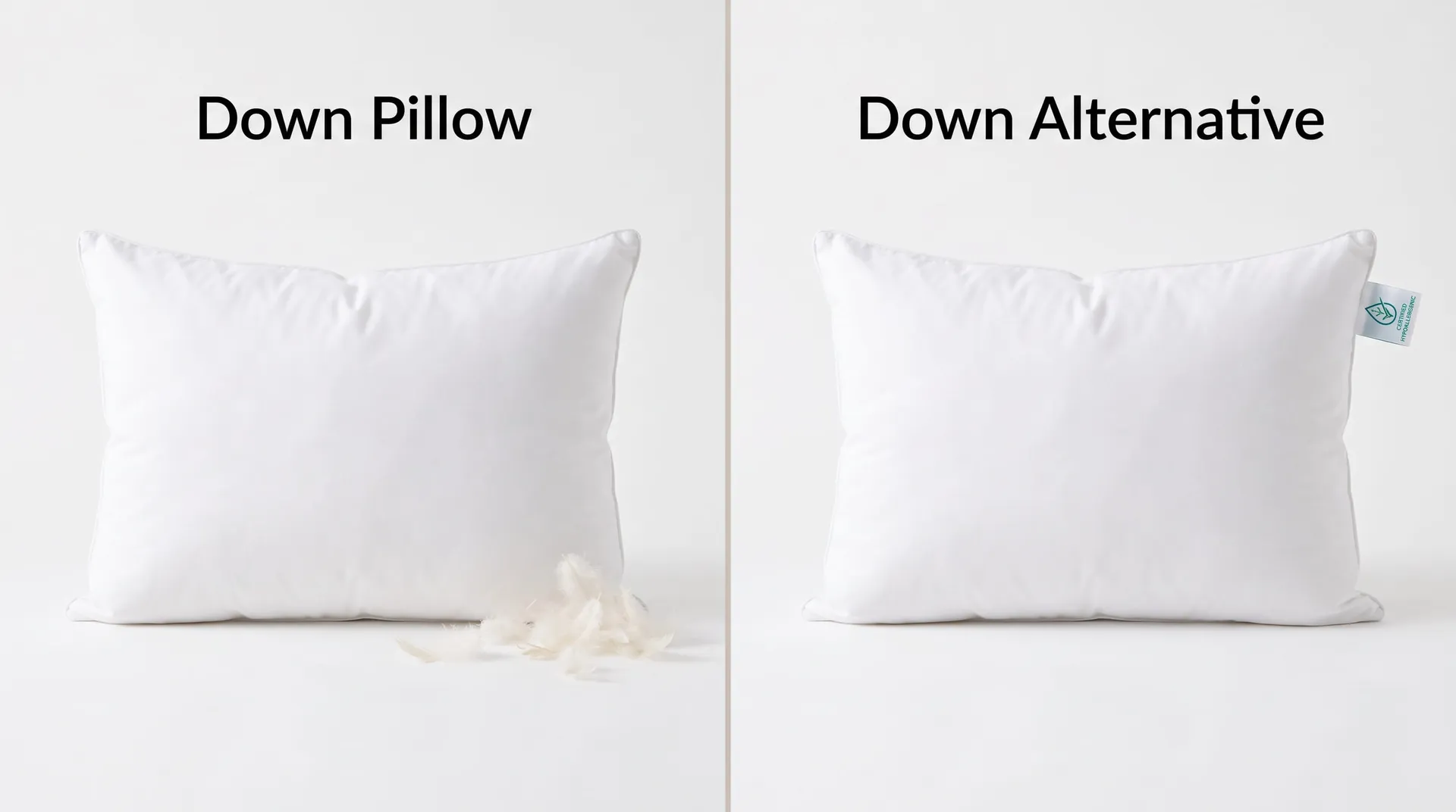 Down pillow and down-alternative pillow side by side on a white background