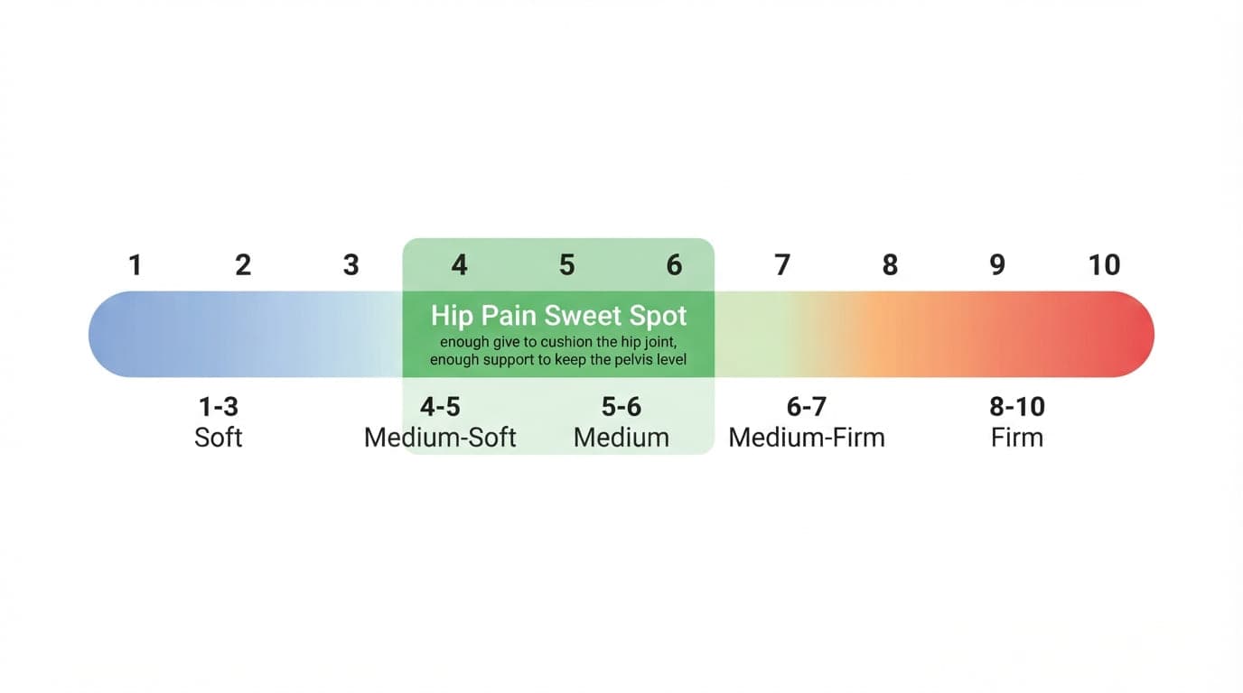 Firmness scale from 1 to 10 with the hip pain sweet spot highlighted at 4 to 6, balancing hip pressure relief against pelvic support Firmness scale from 1 to 10 with the hip pain sweet spot highlighted at 4 to 6, balancing hip pressure relief against pelvic support