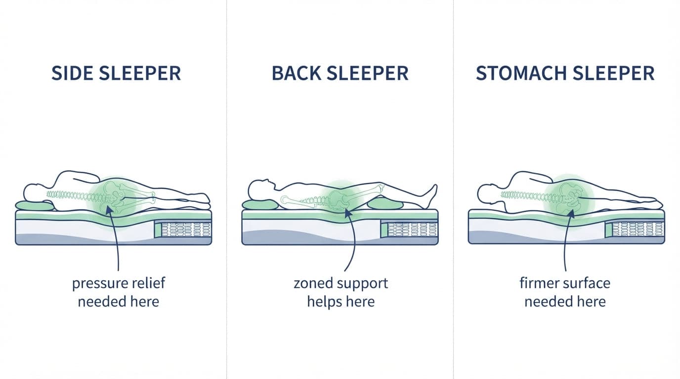 Three-panel diagram comparing side sleeping, back sleeping, and stomach sleeping for hip pain, showing which pressure zones each position affects Three-panel diagram comparing side sleeping, back sleeping, and stomach sleeping for hip pain, showing which pressure zones each position affects