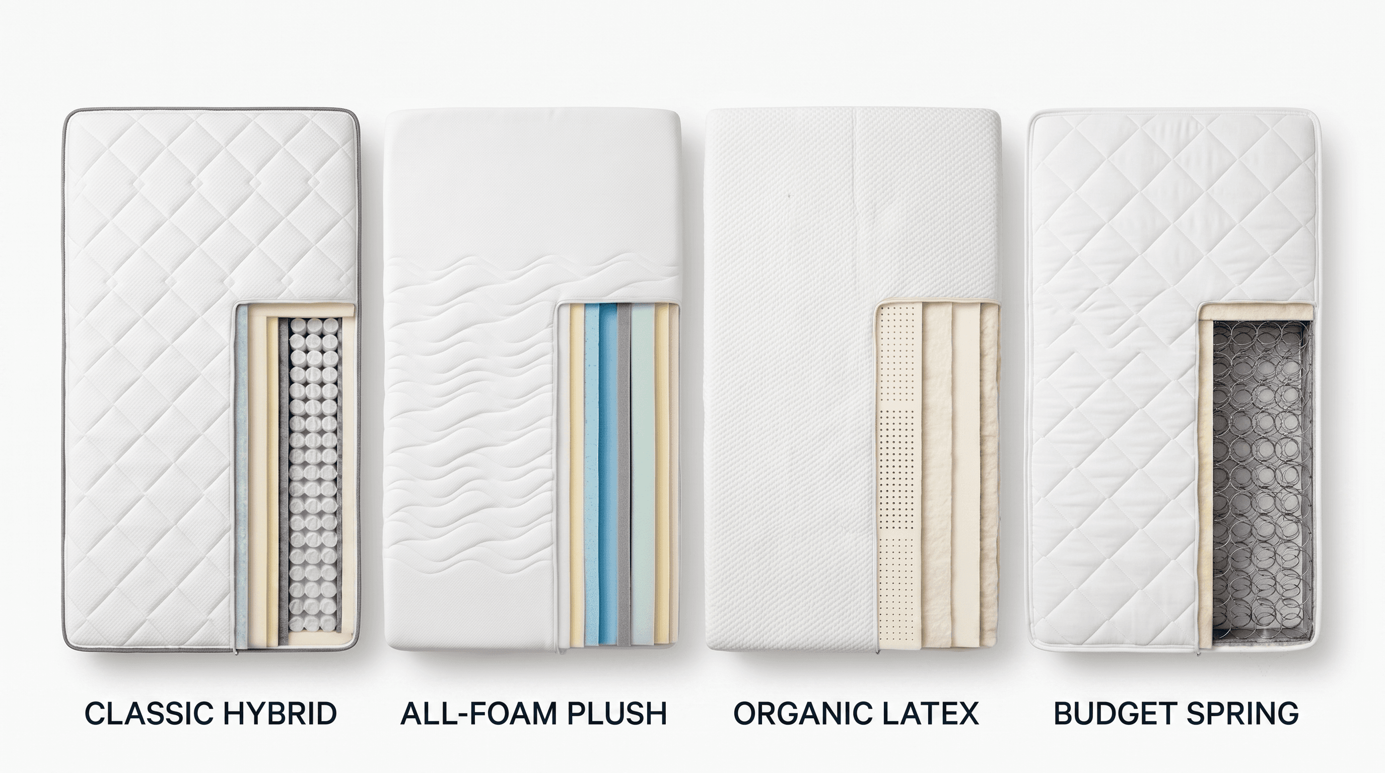 Four tested mattresses recommended for pregnancy arranged side by side for comparison