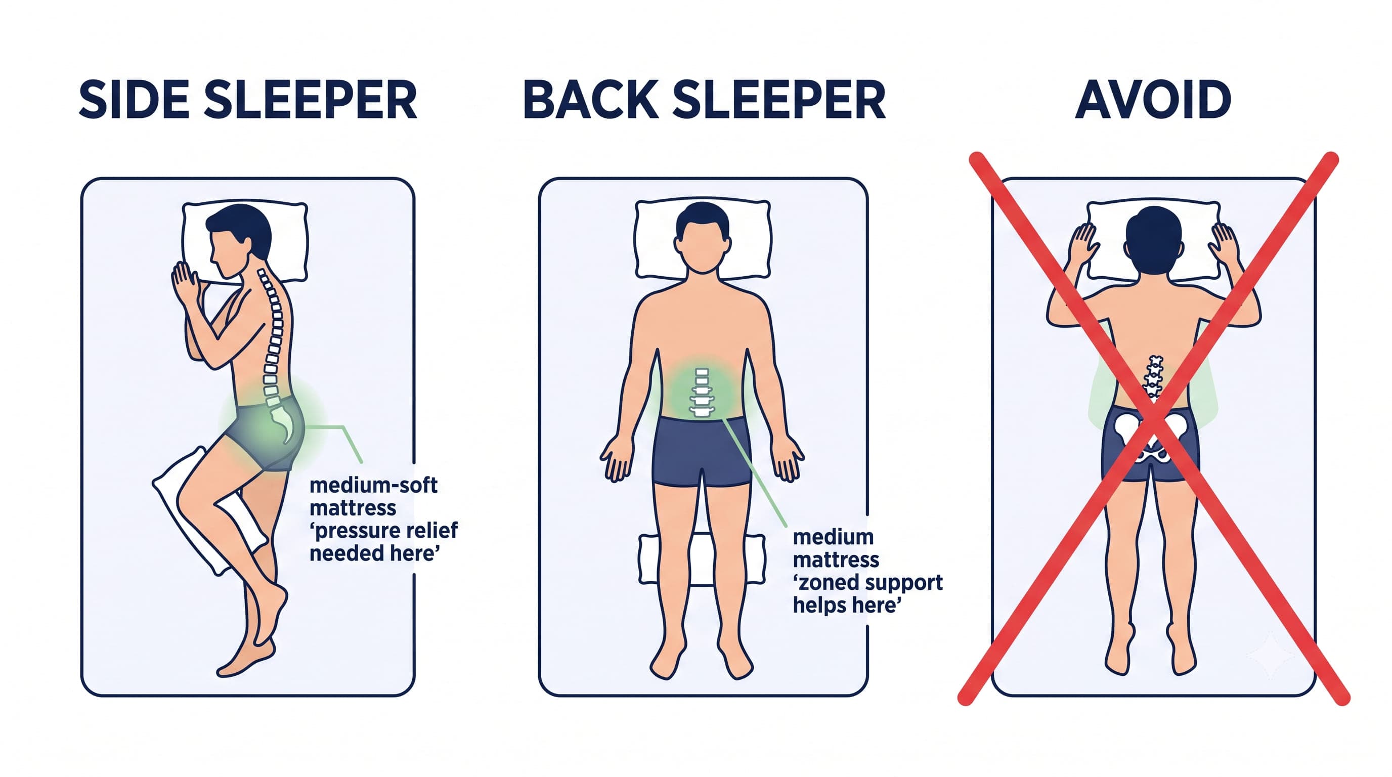 Three-panel diagram comparing side sleeping, back sleeping, and stomach sleeping for sciatica, showing which pressure zones each position affects