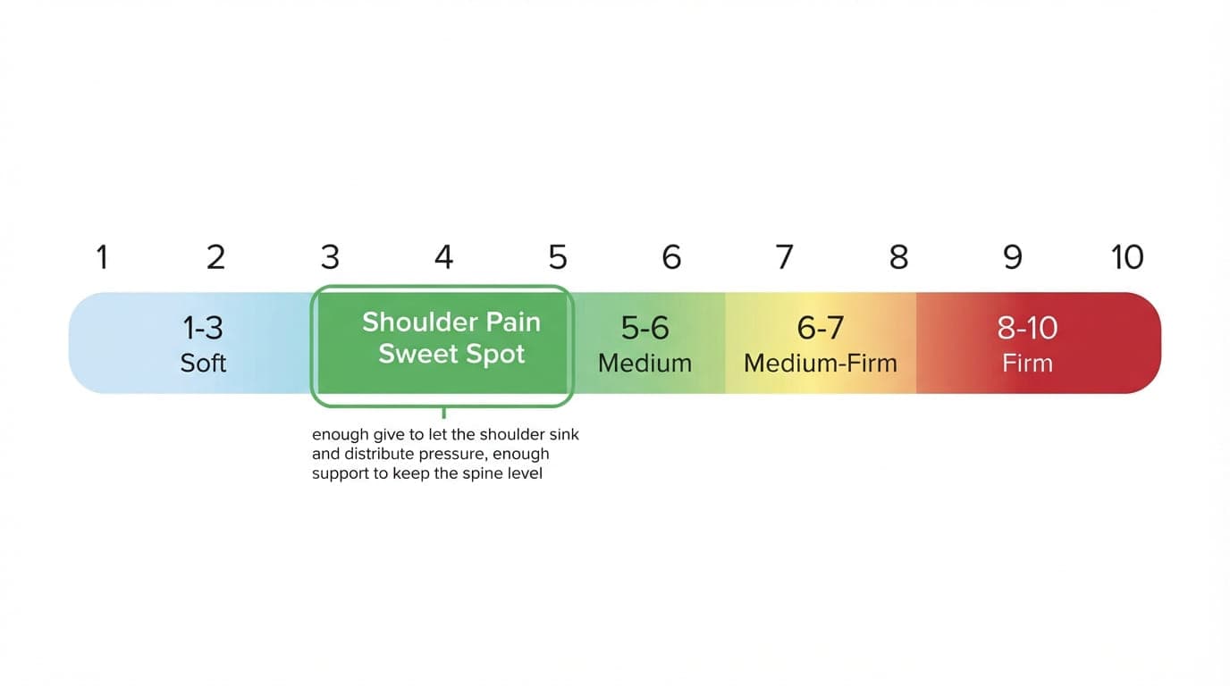 Firmness scale from 1 to 10 with the shoulder pain sweet spot highlighted at 3 to 5, prioritizing shoulder pressure relief Firmness scale from 1 to 10 with the shoulder pain sweet spot highlighted at 3 to 5, prioritizing shoulder pressure relief