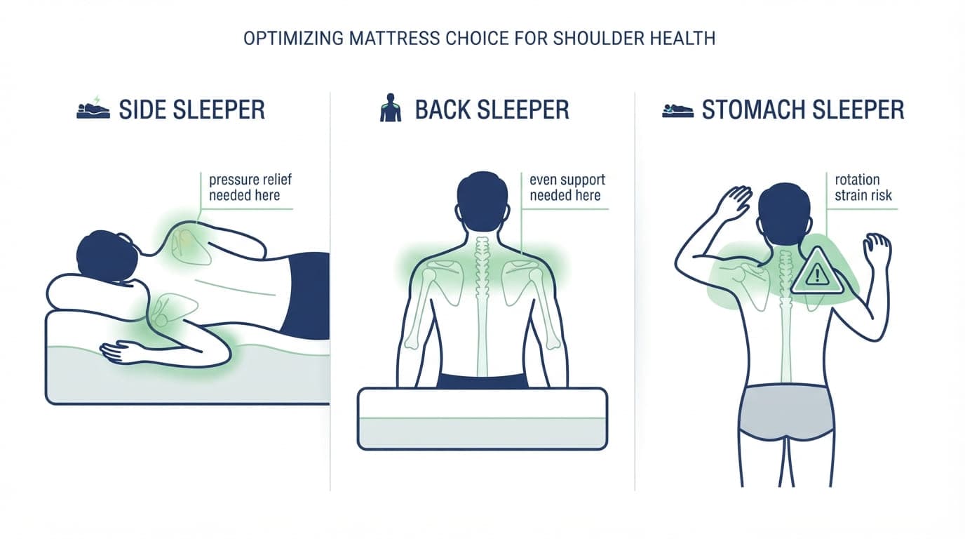 Three-panel diagram comparing side sleeping, back sleeping, and stomach sleeping for shoulder pain, showing which pressure zones each position affects Three-panel diagram comparing side sleeping, back sleeping, and stomach sleeping for shoulder pain, showing which pressure zones each position affects