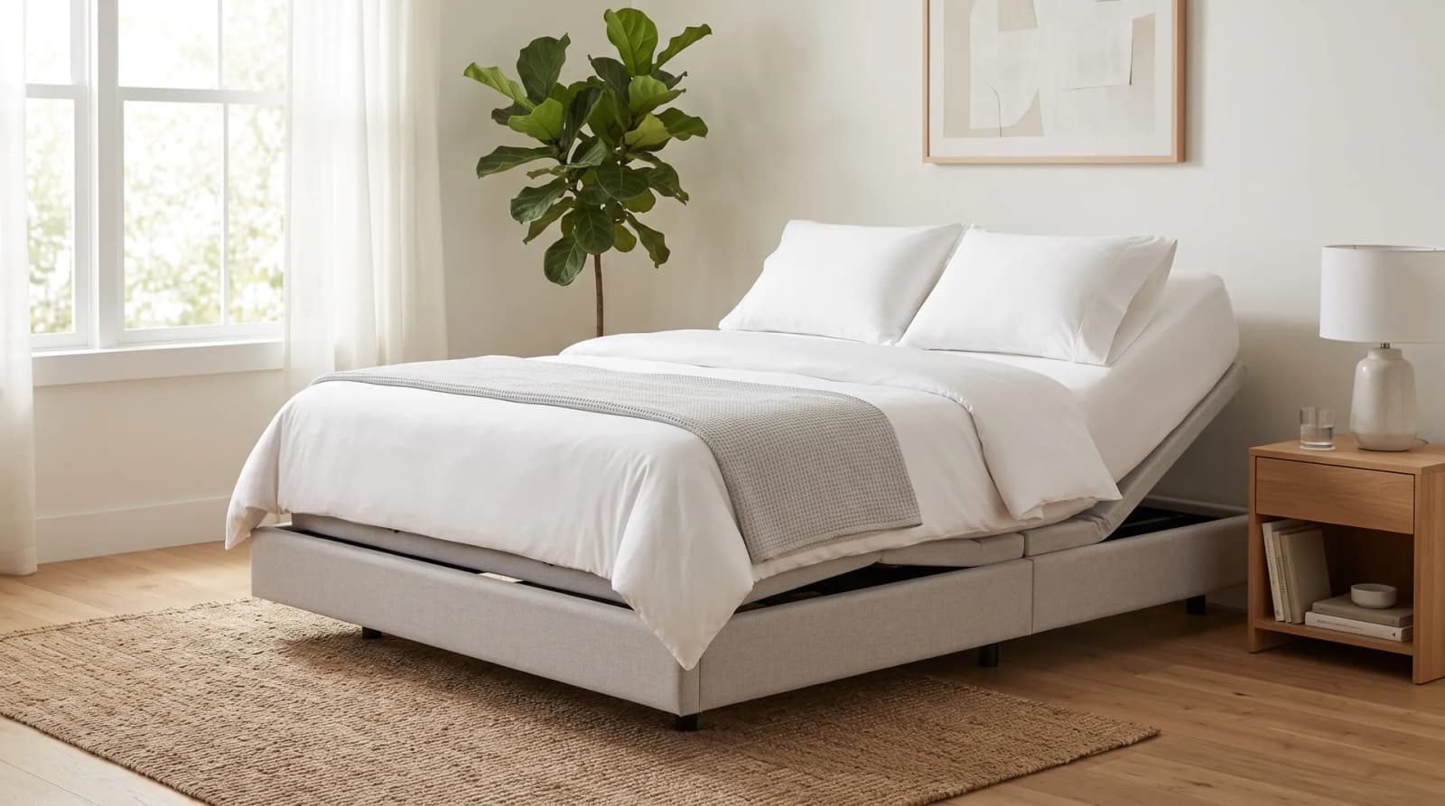 Queen mattress on an adjustable base with the head section raised and white bedding in a bright room