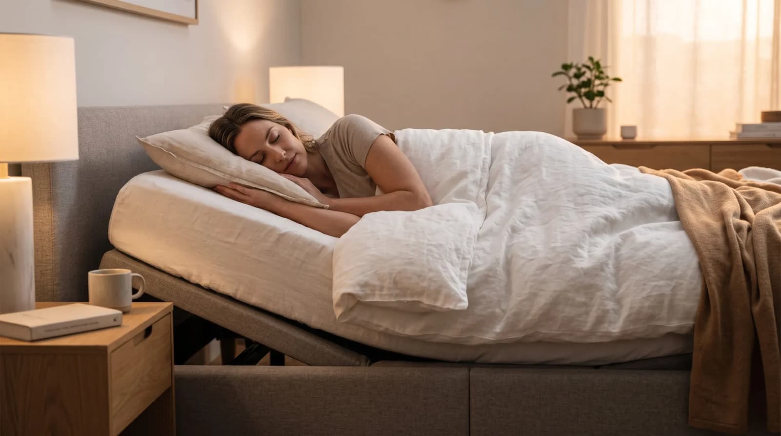 Woman sleeping on her side on an adjustable bed with the head raised under warm lamp light