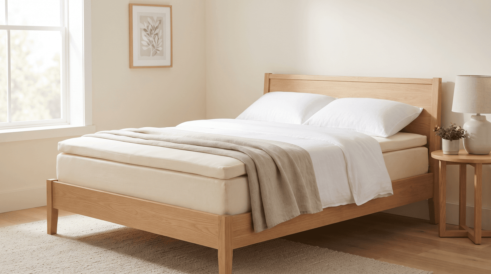 A thick cream mattress topper half-unrolled on a bed in a bright bedroom