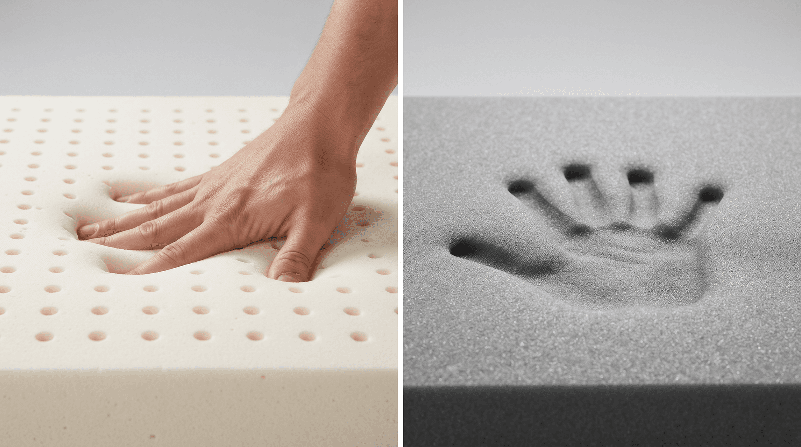 A latex topper springing back under a hand next to a memory foam topper holding a handprint