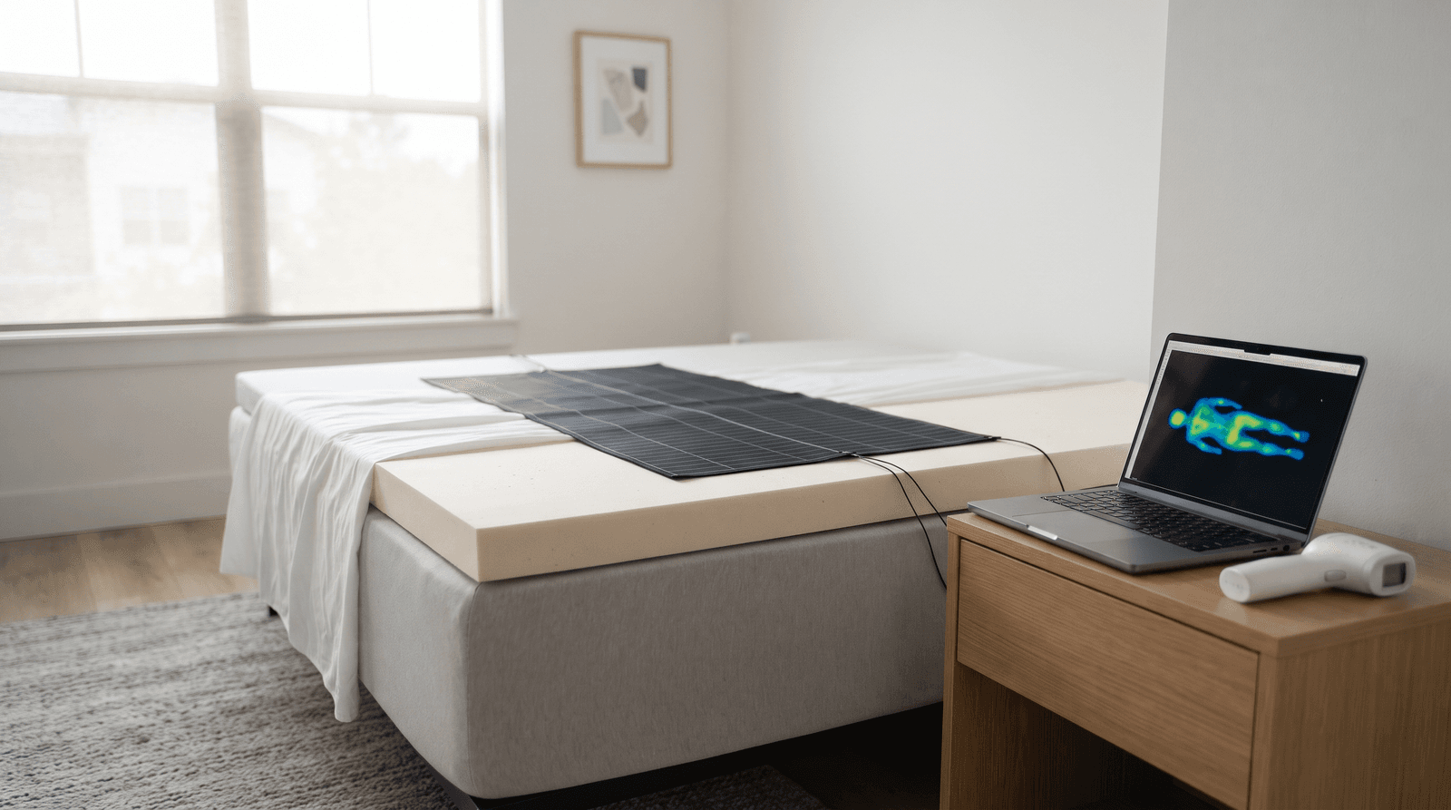 A mattress topper on a firm bed with a pressure-mapping mat, a laptop showing a pressure map and an infrared thermometer