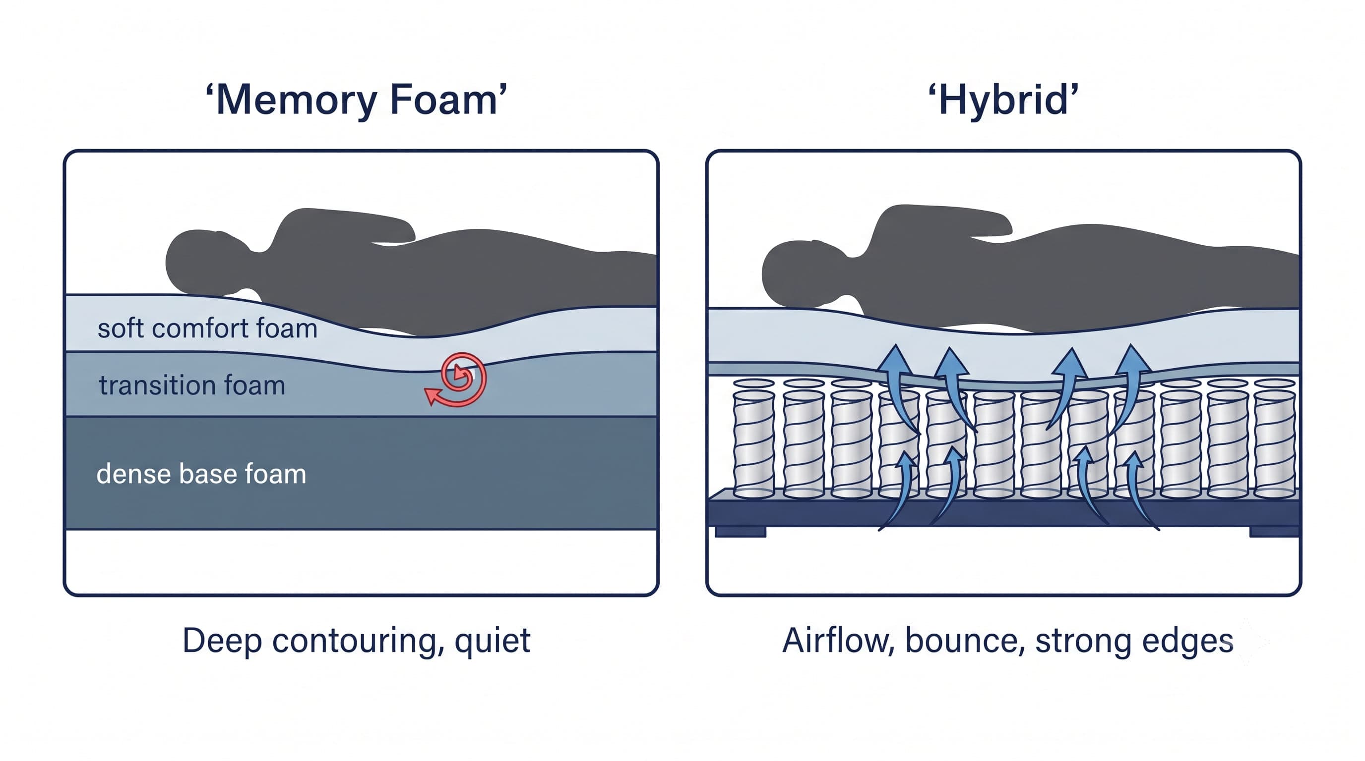 Hybrid mattress construction with pocketed coils compared to all-foam memory foam construction — illustrative cross-section diagram Hybrid mattress construction with pocketed coils compared to all-foam memory foam construction — illustrative cross-section diagram