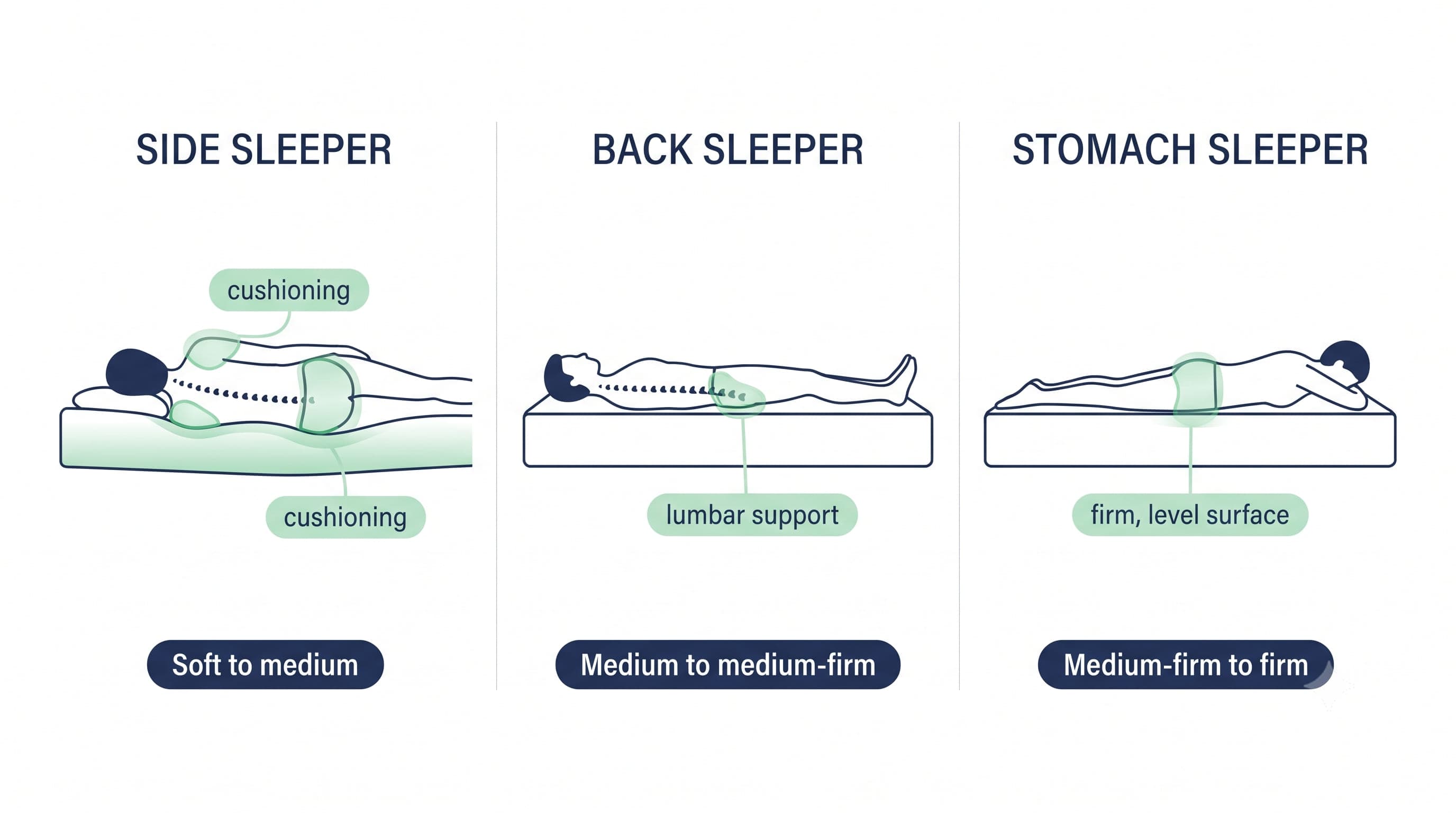 Matching sleep position to the right mattress feel: side sleepers need cushioning, back sleepers need lumbar support, stomach sleepers need firmness — illustrative infographic Matching sleep position to the right mattress feel: side sleepers need cushioning, back sleepers need lumbar support, stomach sleepers need firmness — illustrative infographic