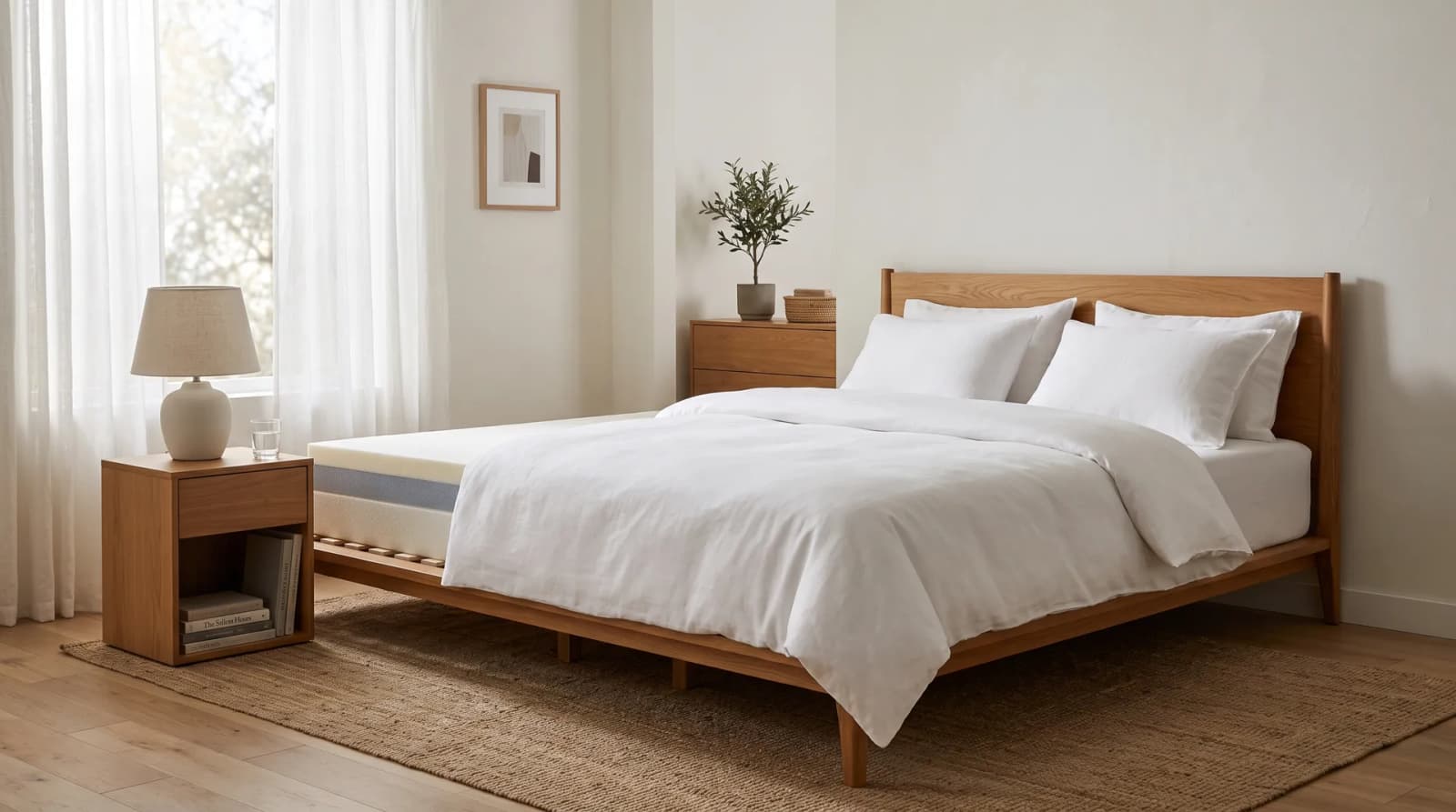 Bed with white bedding on a memory foam mattress in a bright bedroom with a plant