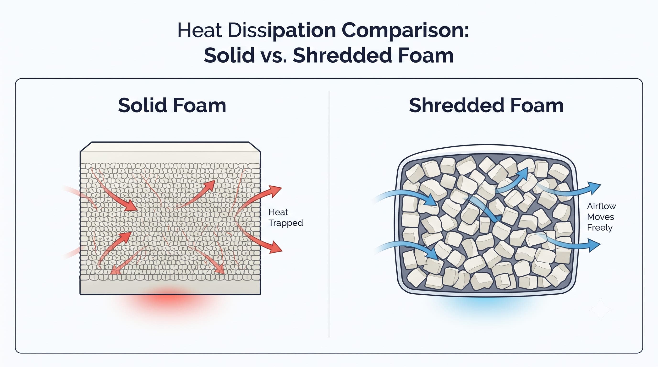 Heat dissipation in solid versus shredded memory foam — illustrative diagram