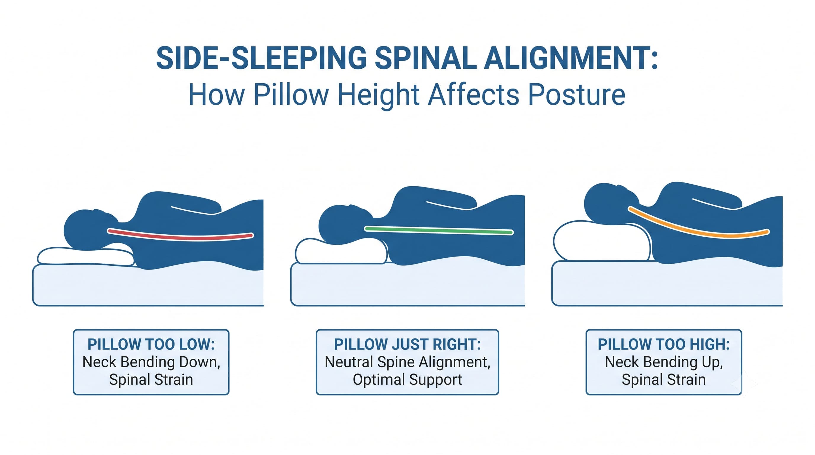 Side-sleeping spinal alignment with a pillow that is too low, just right and too high — illustrative diagram