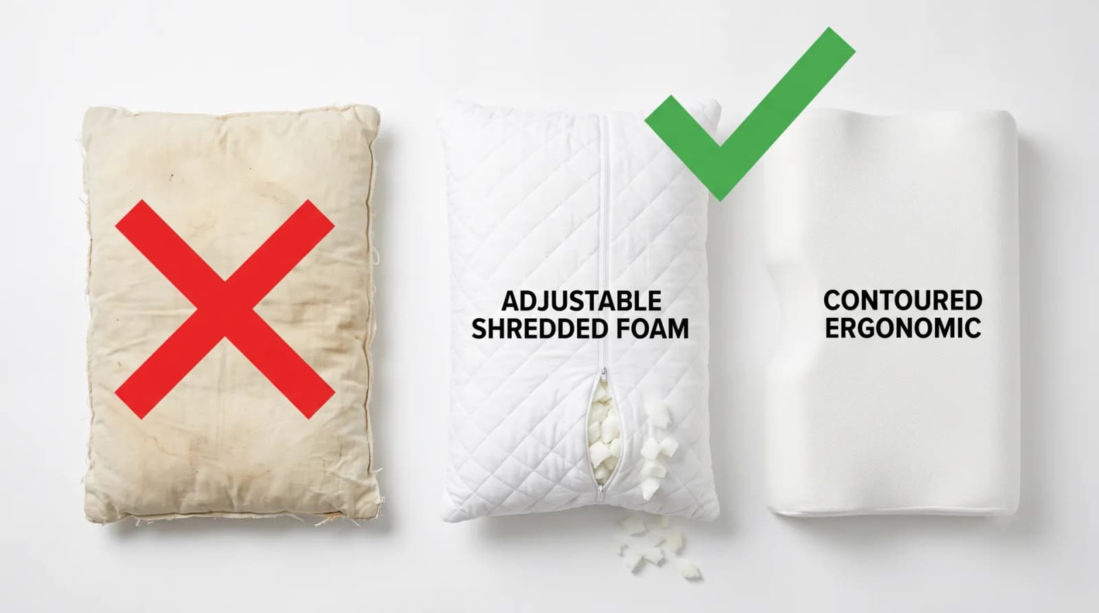 A lumpy old pillow crossed out beside a shredded foam pillow and a contoured pillow marked with checks