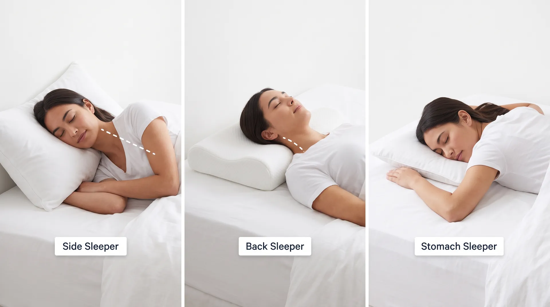 Three photos of a woman sleeping on her side, back and stomach, each labeled