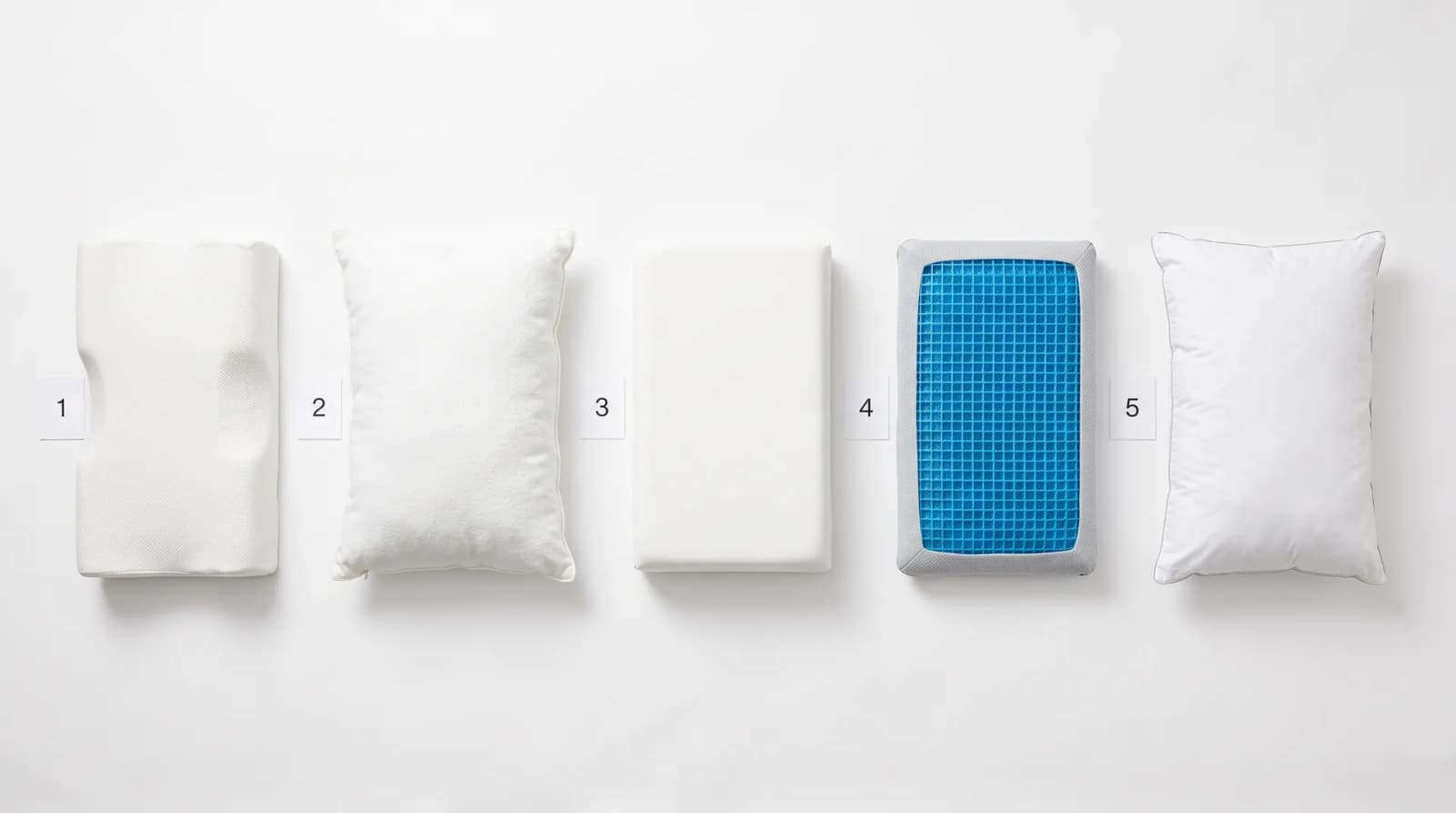 Numbered pillows lined up on a white background, including a blue gel pillow