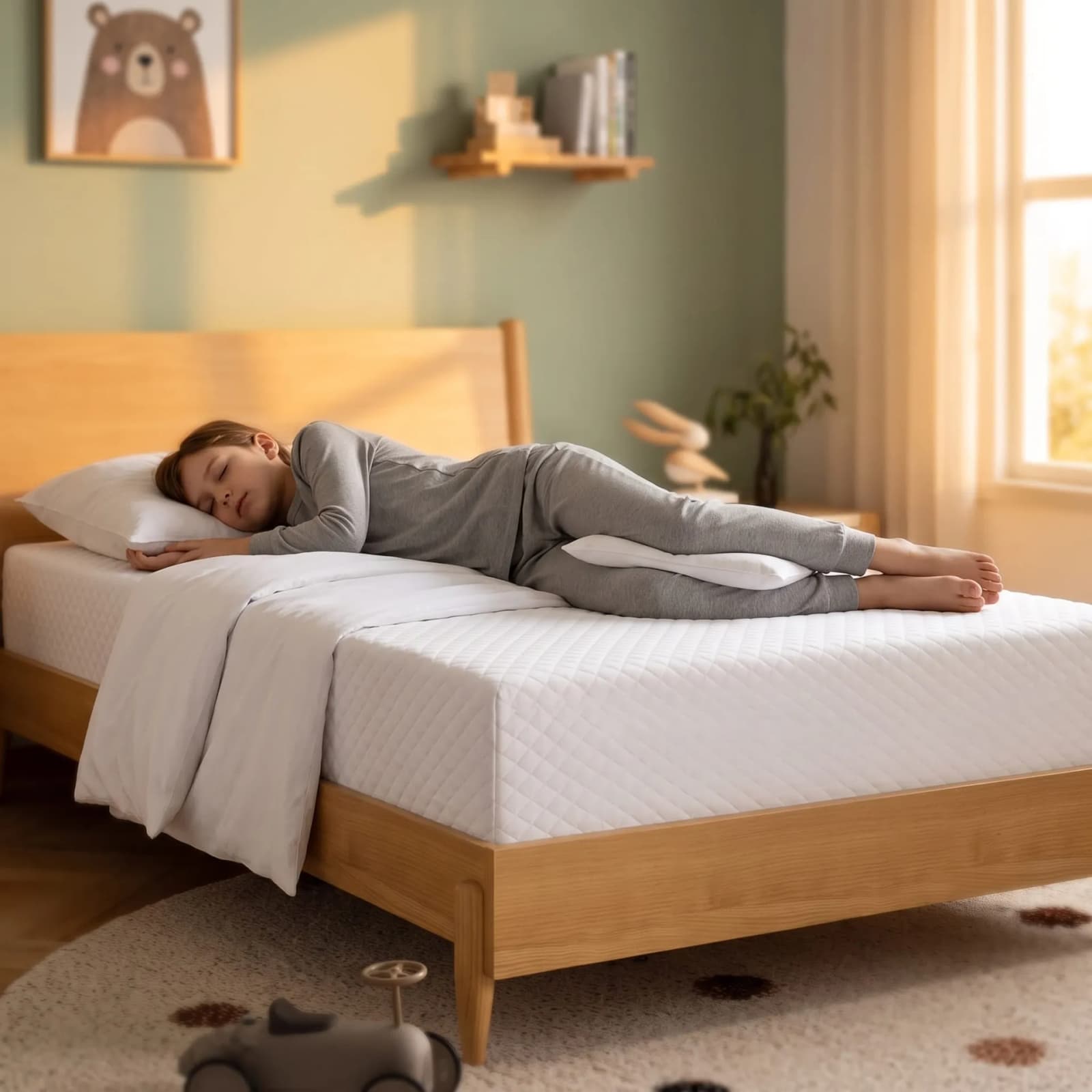 Child of about eight asleep on her side on a white quilted twin mattress with a straight spine and a pillow between the knees