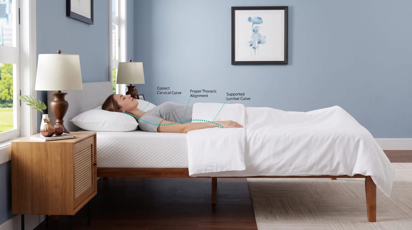 Person sleeping on their back on a white mattress with a thin line tracing a straight spine