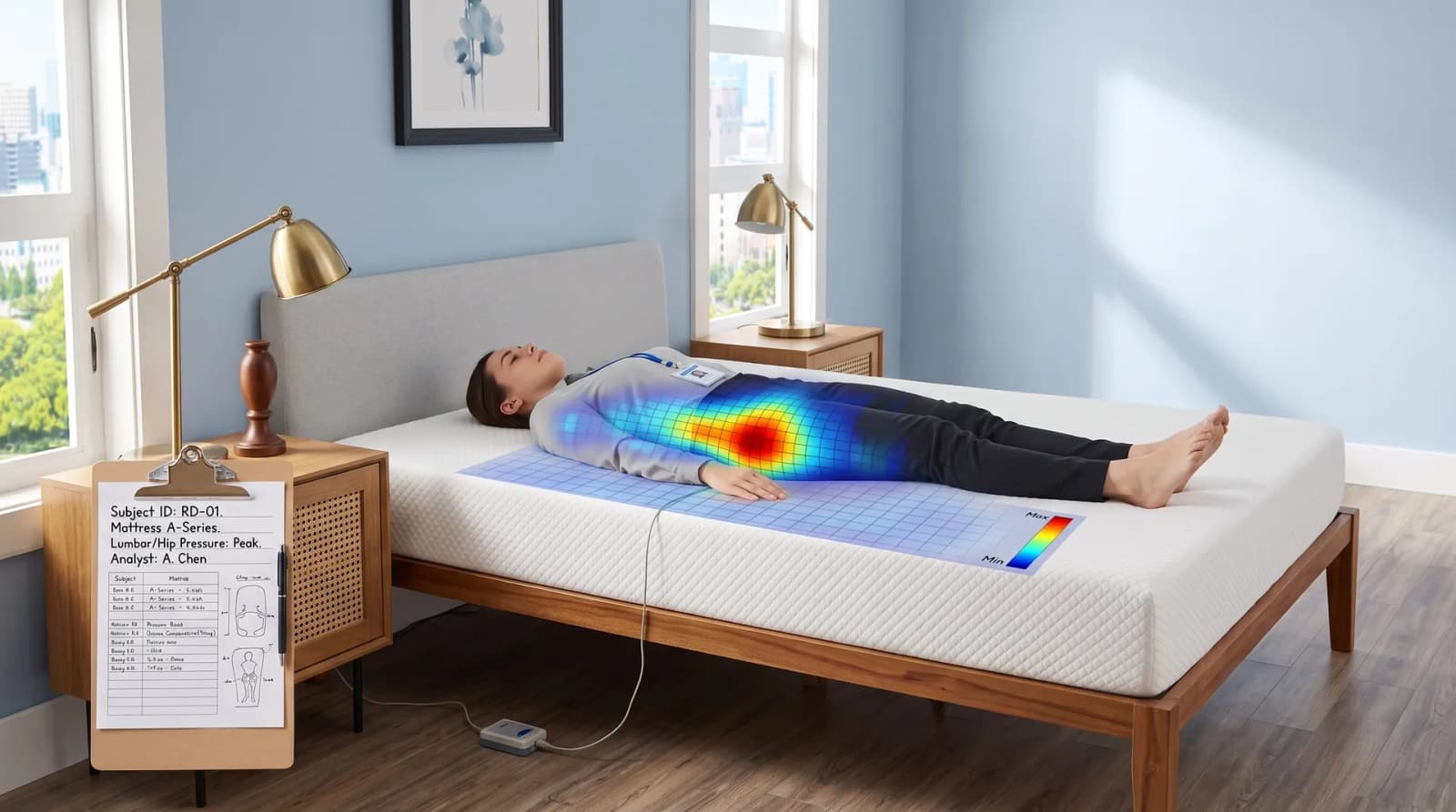 Tester lying on his back on the FDW mattress with a pressure heatmap overlay and a clipboard beside the bed