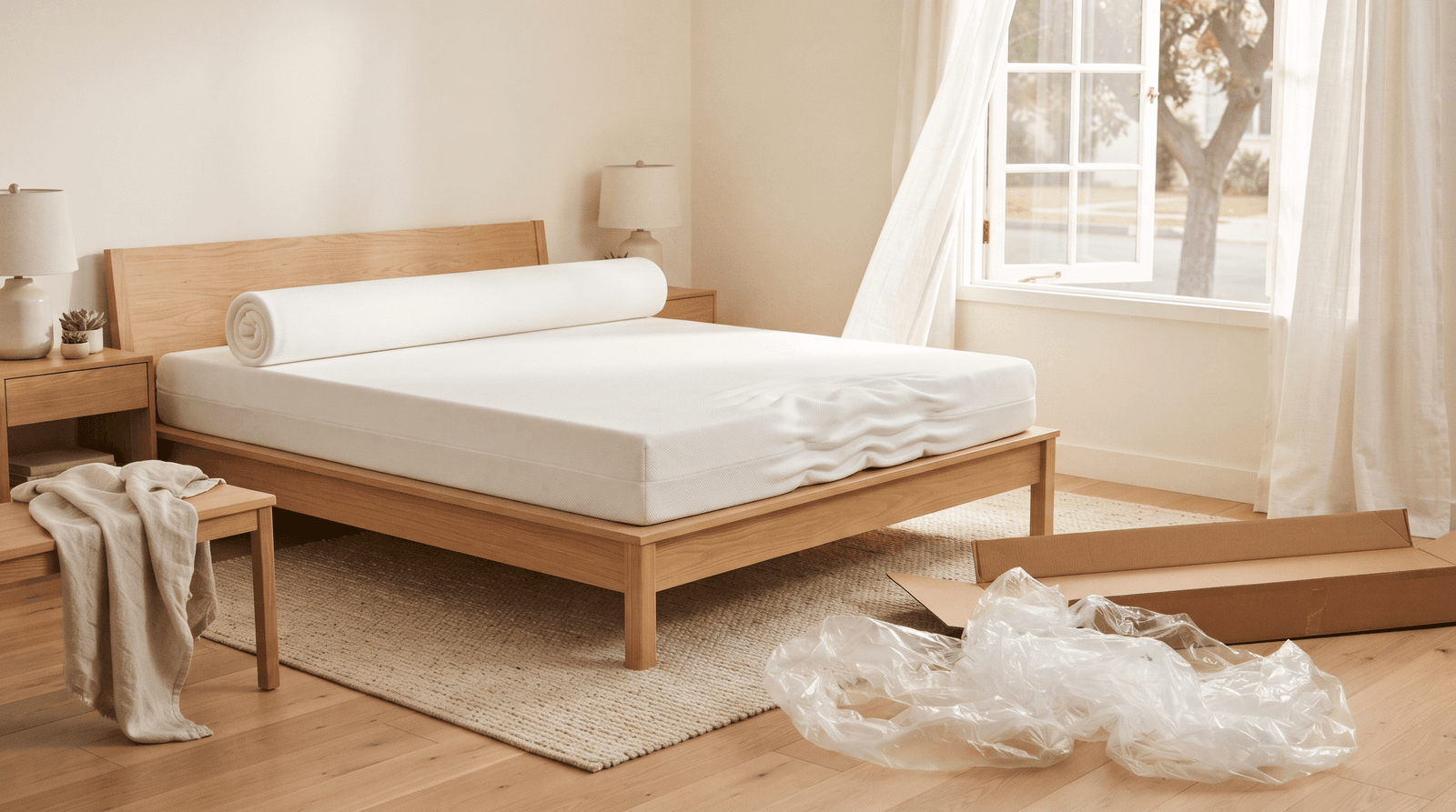 A freshly unboxed mattress expanding on a bed frame in a bright bedroom